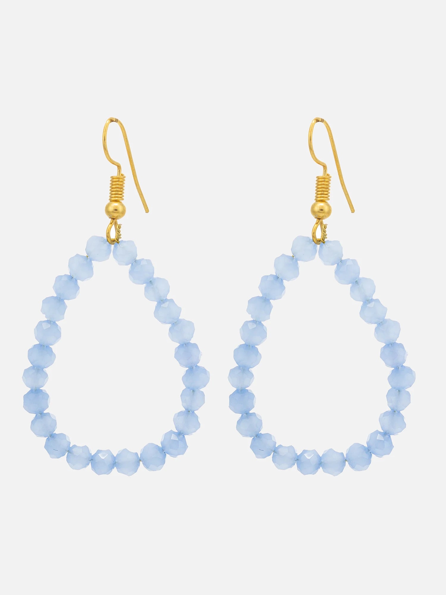 A pair of gold-tone fishhook drop earrings with faceted light blue beads forming teardrop-shaped loops, shown against a light gray background.