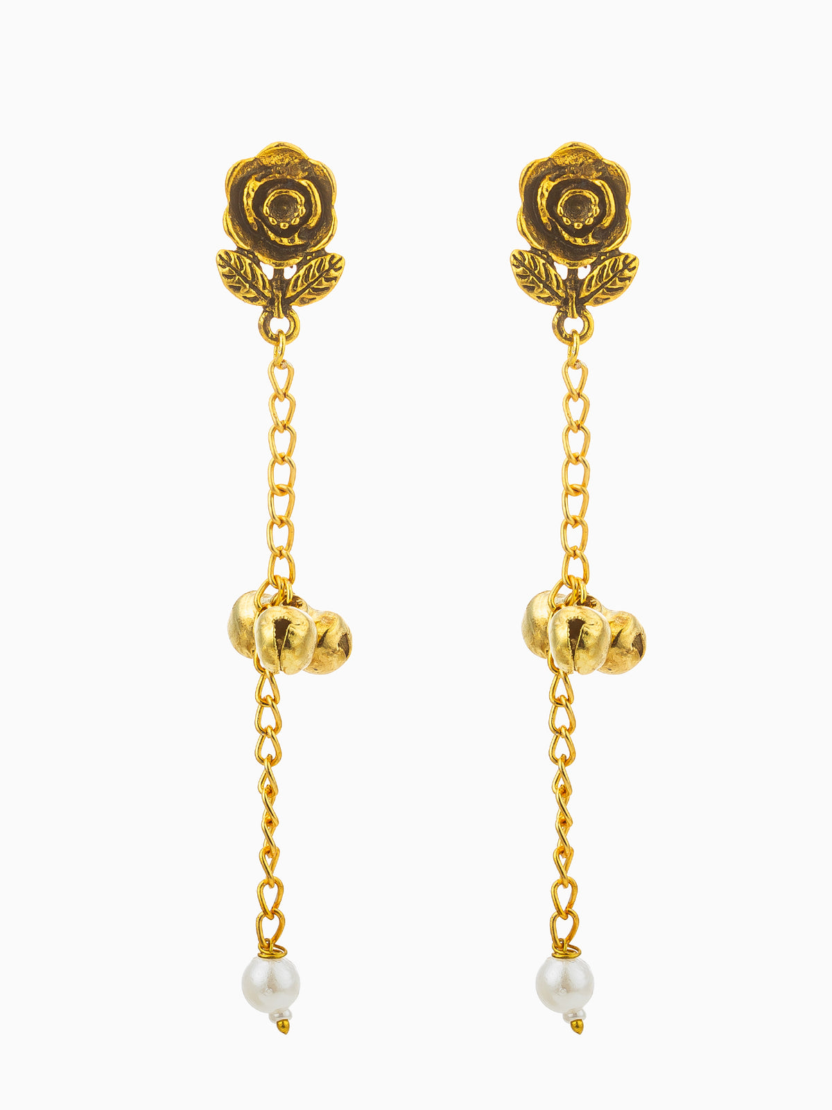 A pair of gold-toned dangle earrings with rose-shaped studs, leaf details, small bell charms, chain links, and white pearl drops, shown on a plain white background.