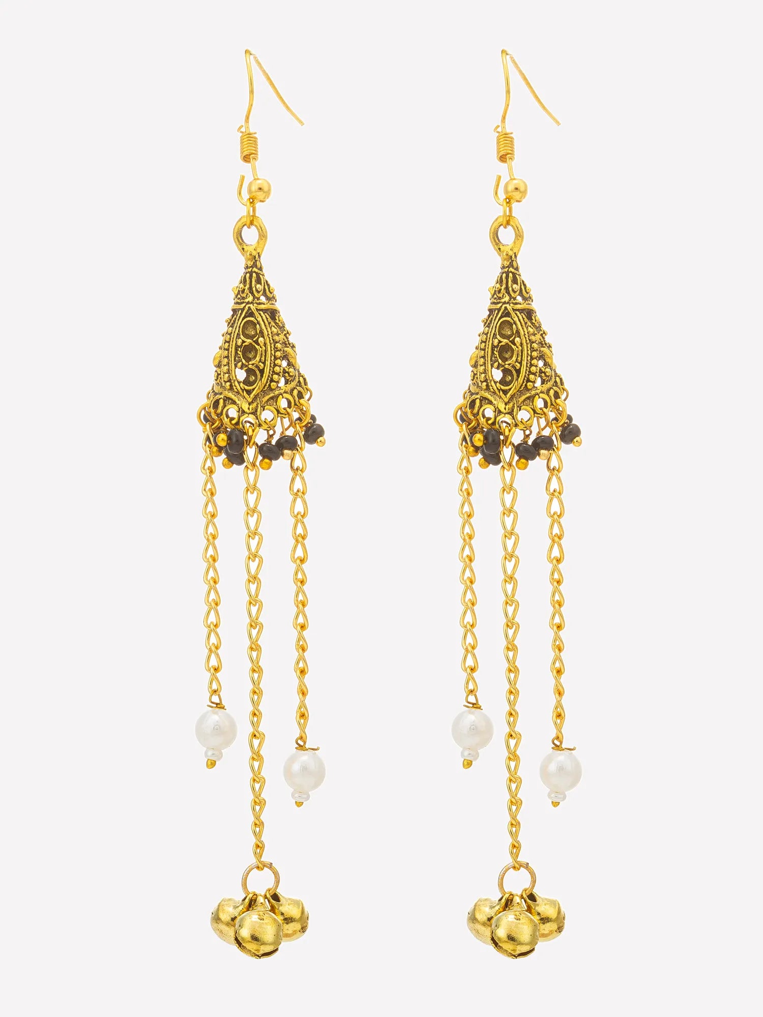 A pair of gold-toned filigree dangle earrings with small dark bead accents, white pearl-like beads on chains, and bell-shaped gold charms at the bottom, shown on a light gray background.
