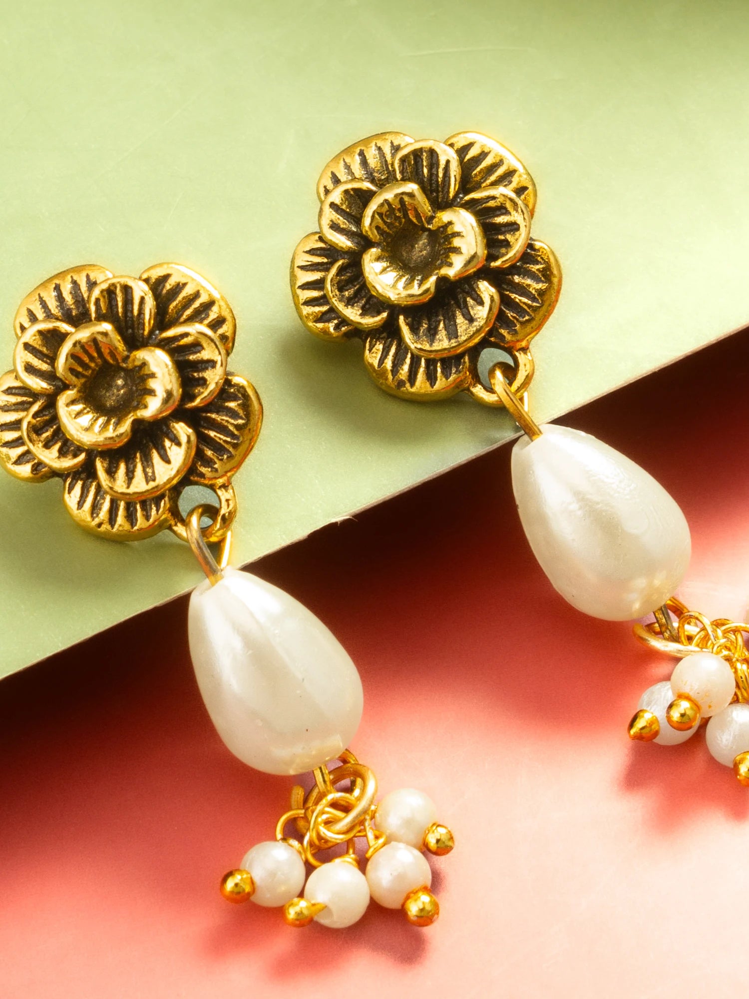 Everyday Ethnic Styling Gold Floral Pearl Drop Earrings for Women