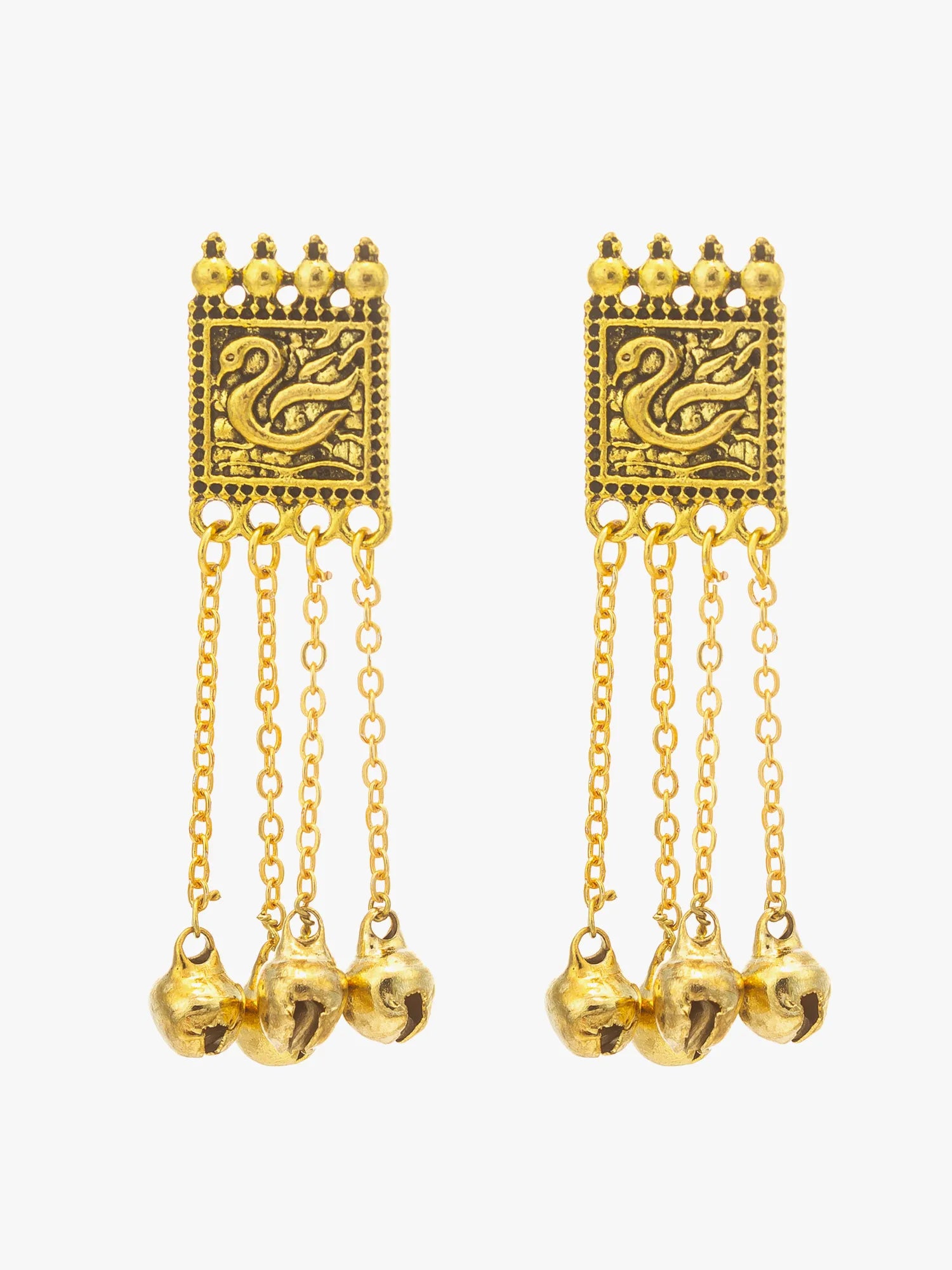 A pair of gold-toned dangle earrings with rectangular engraved panels, hanging chains, and three small bell charms, shown on a plain light background.
