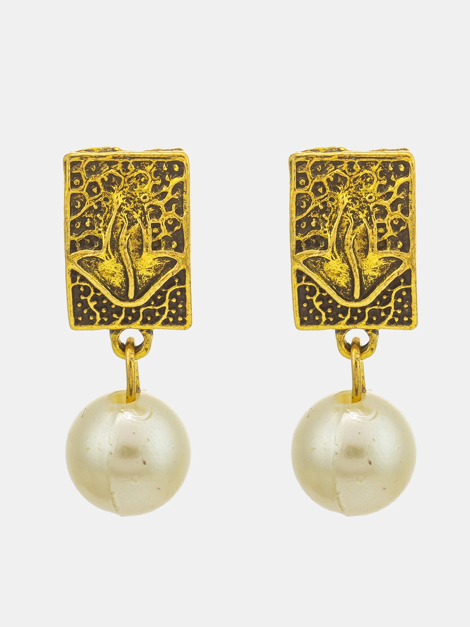 A pair of gold and black rectangular drop earrings with an embossed floral design and a hanging white pearl bead, shown against a light gray background.