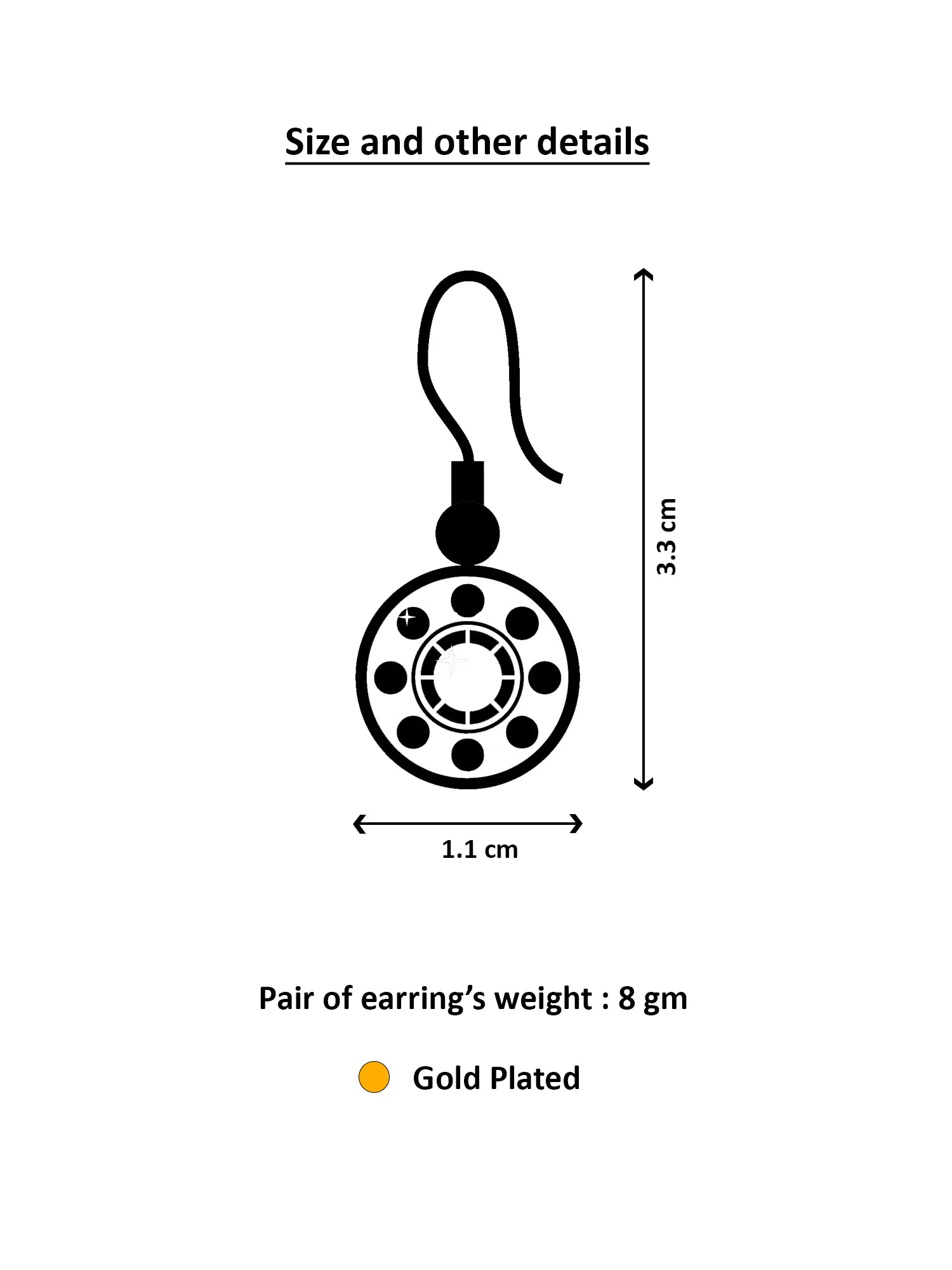 Size and detail diagram for a gold-plated earring, showing a circular stud earring with a curved hook or chain top. The diagram indicates dimensions of 3.
