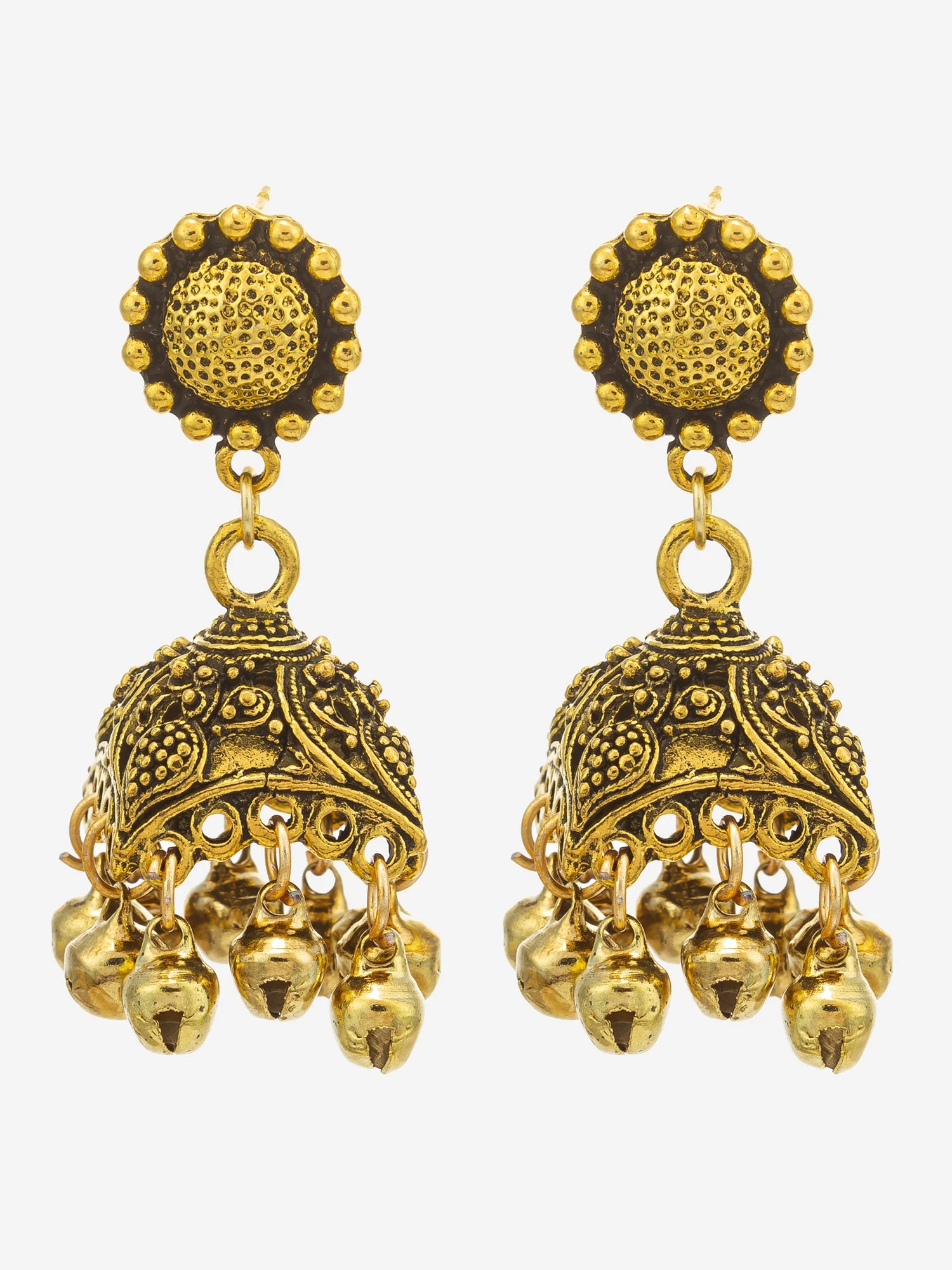 A pair of ornate gold-toned Indian jhumka earrings with intricate filigree detailing and dangling bells, shown against a plain light gray background.