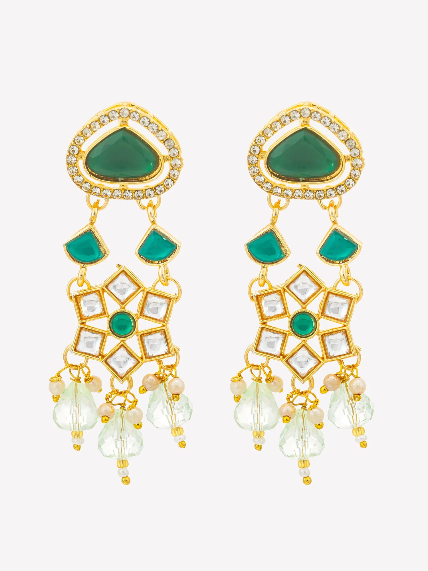 A pair of gold-plated dangle earrings featuring green stones, clear crystal-like rhinestones, and light green bead drops, set against a plain light gray background.