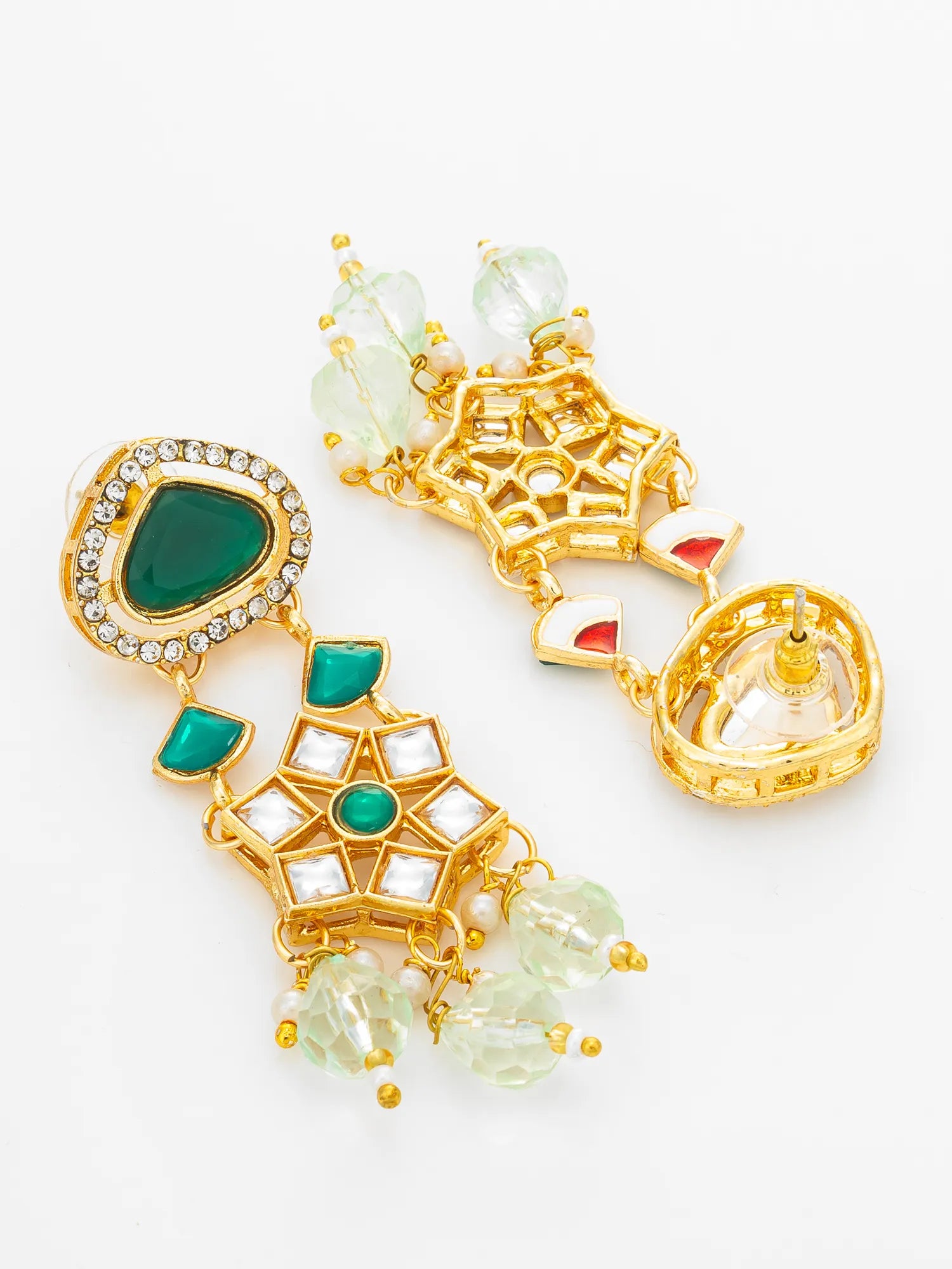 A pair of gold-plated dangle earrings decorated with a large green teardrop stone, small clear crystals, and light green bead drops, displayed on a clean white background.