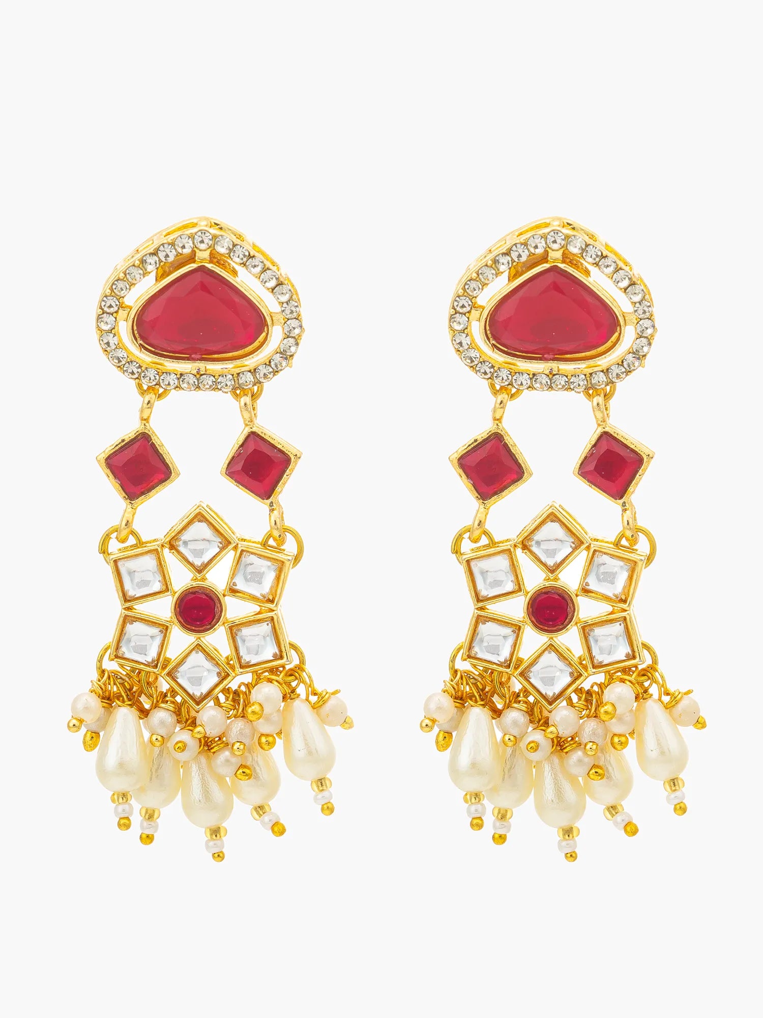 A pair of gold-plated dangle earrings featuring red enamel details, clear crystal accents, and white pearl fringe, shown against a plain white background.
