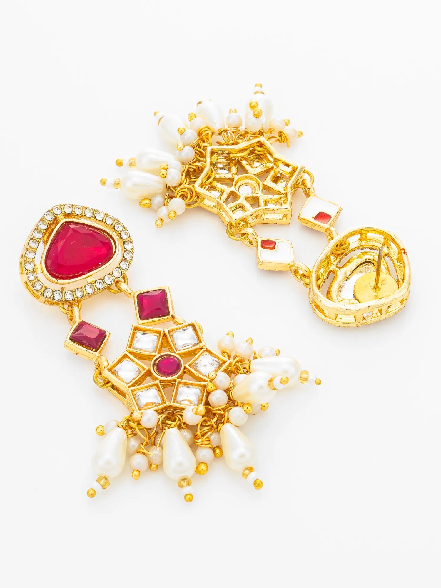 Gold-plated statement earrings with white pearl-like beads, clear rhinestone accents, and vibrant pink-red gemstone details, displayed on a clean white background.
