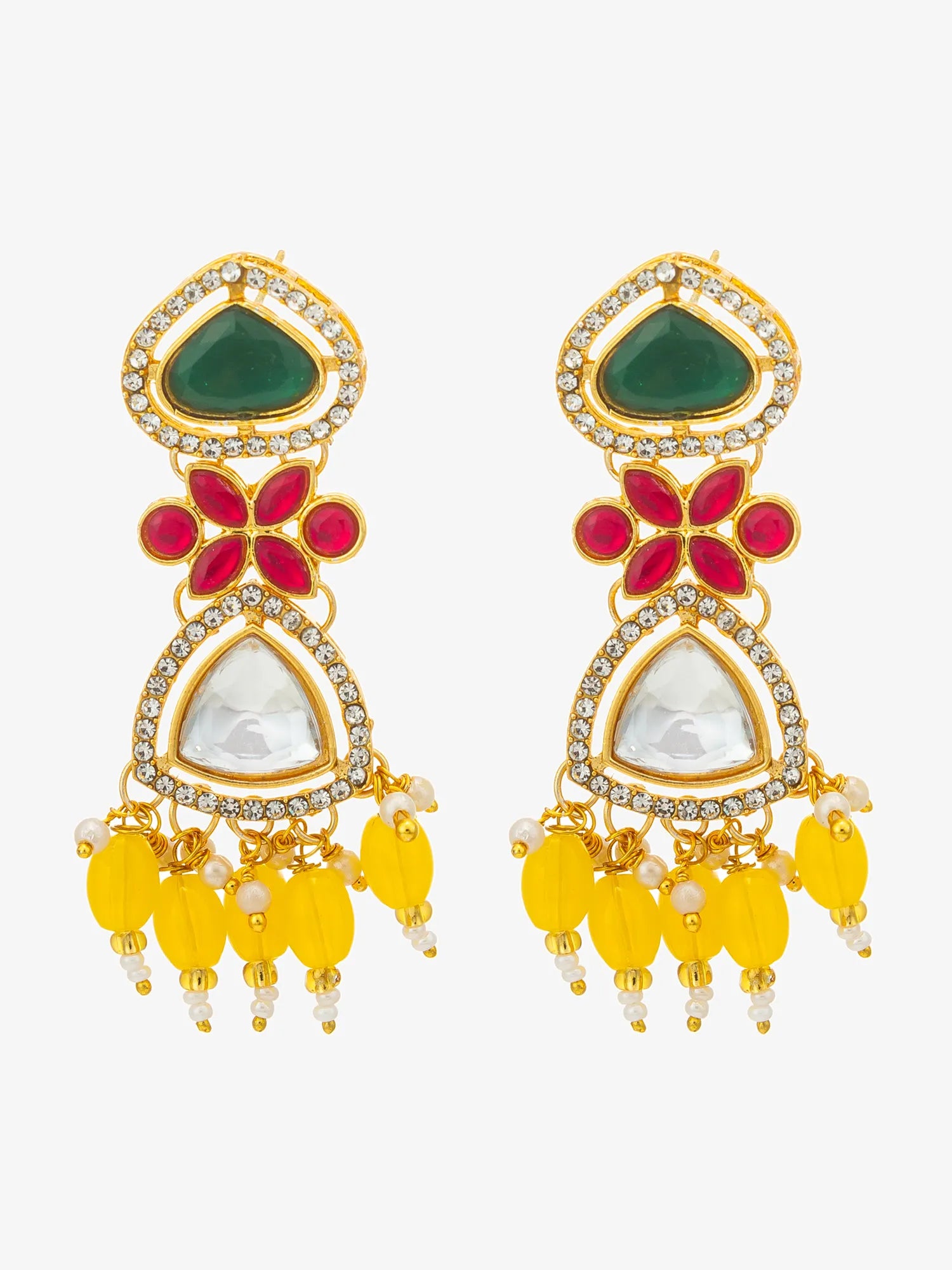 A pair of gold-plated statement earrings featuring a green teardrop stone, a red floral motif, a clear teardrop stone, and dangling yellow bead drops, set against a plain light gray background.