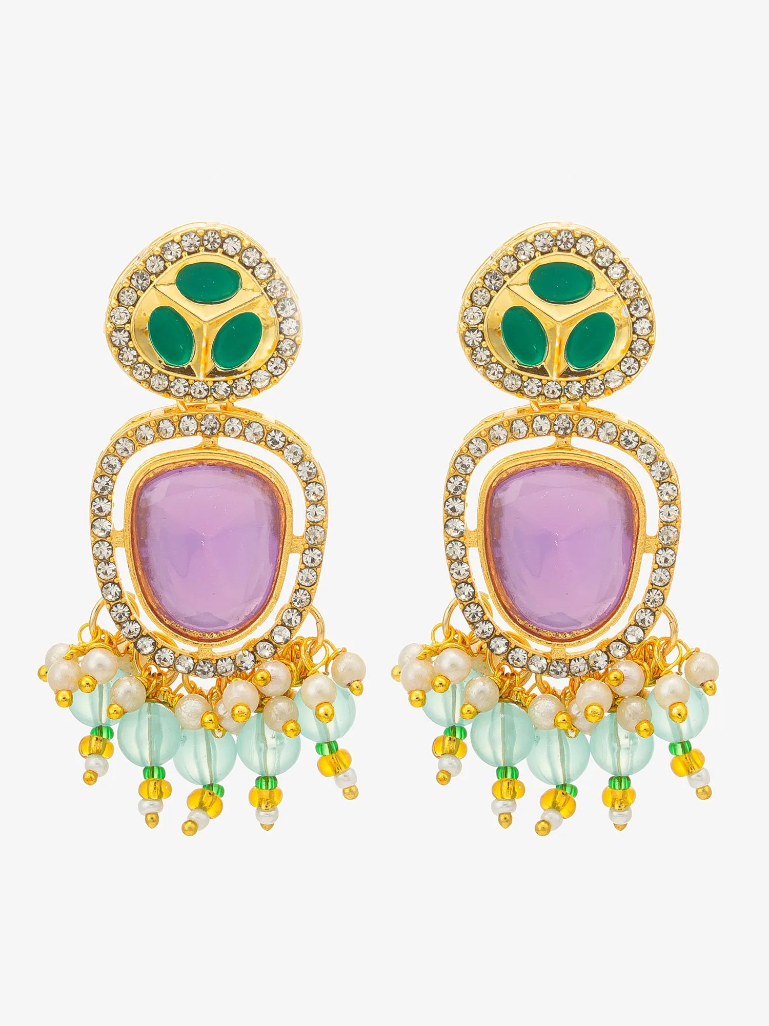 A pair of gold-plated statement earrings featuring a large oval lavender stone, a smaller green stone above it, and dangling beaded tassels in light green, white, and gold on a light gray background.