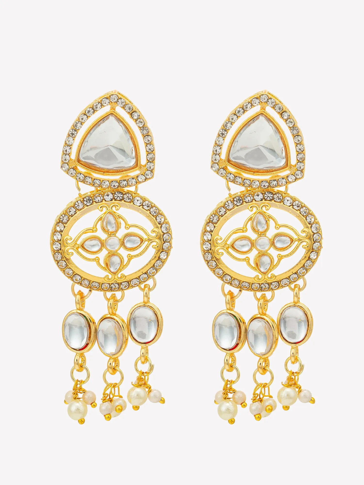 A pair of gold-toned statement dangle earrings with clear crystal-like stones and small pearl accents, shown on a plain light gray background.