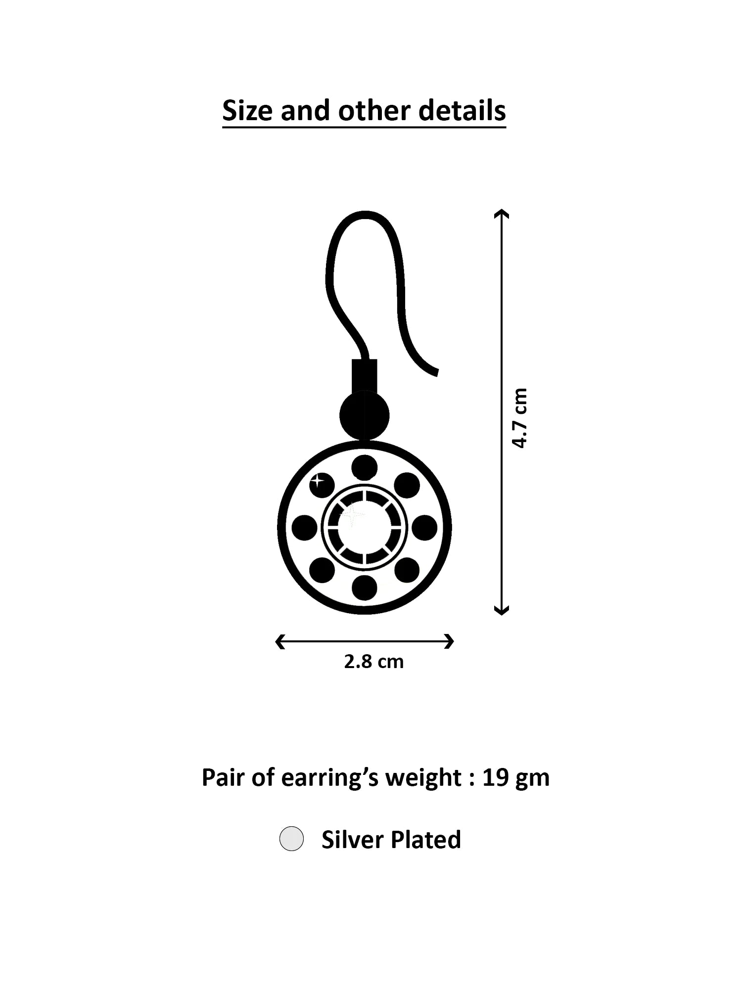 Diagram of a silver earring with dimensions and weight details on a white background
