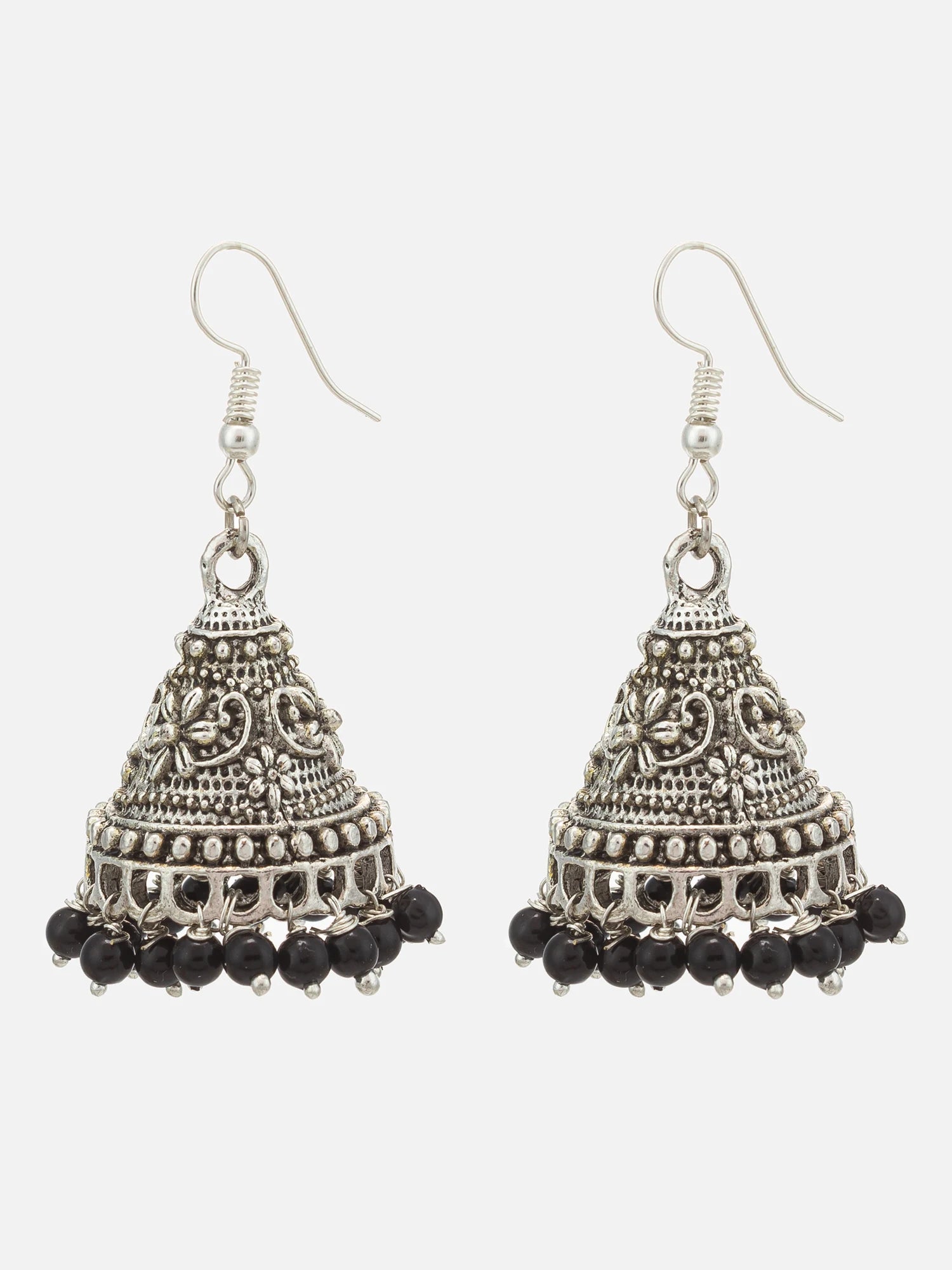 A pair of silver-toned Indian jhumka earrings with intricate filigree detailing and dangling black bead tassels, shown against a plain light gray background.