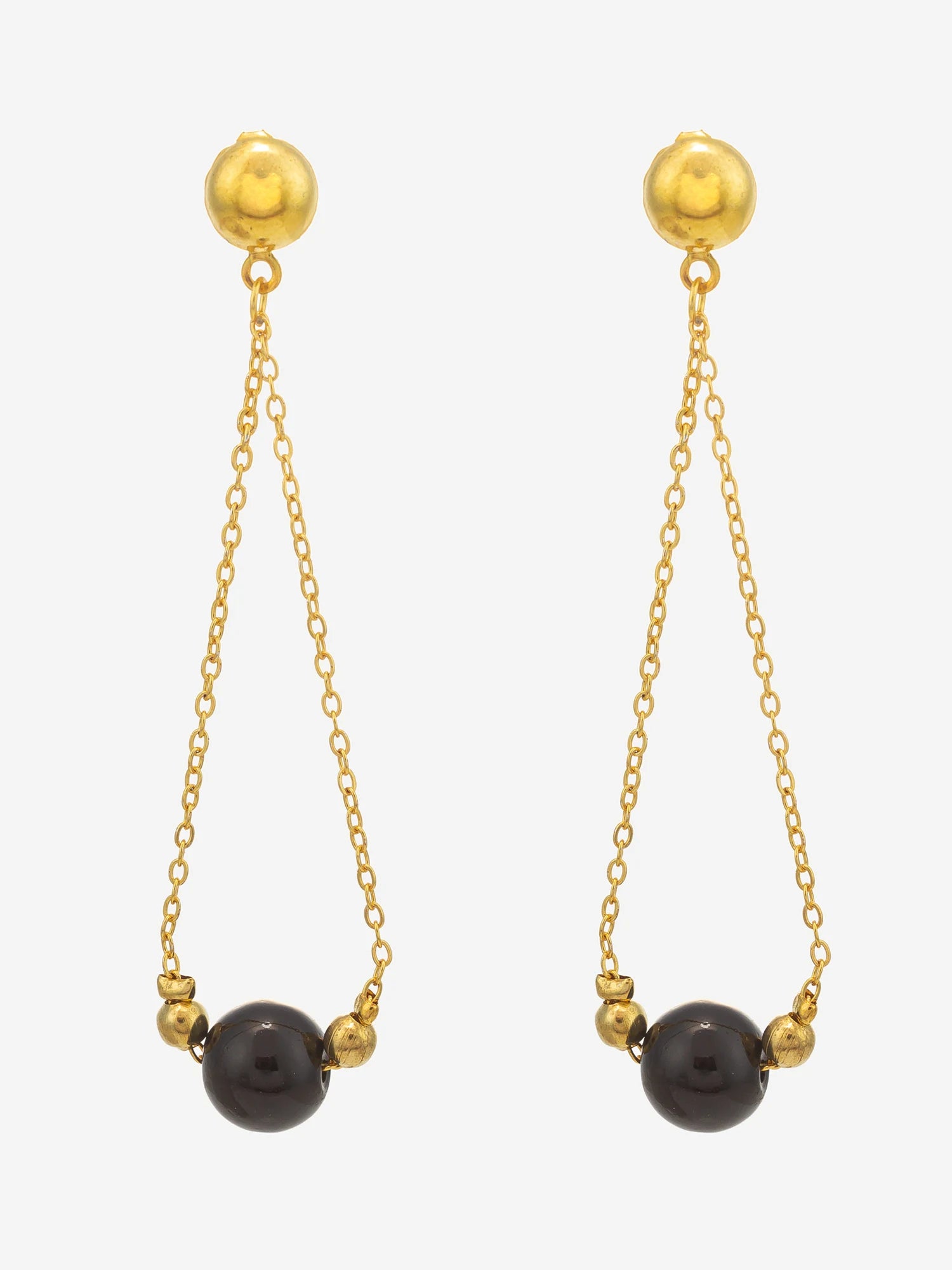 A pair of gold drop earrings with spherical gold studs, thin dangling chains, small gold beads, and a large dark round bead at the bottom, shown on a light gray background.