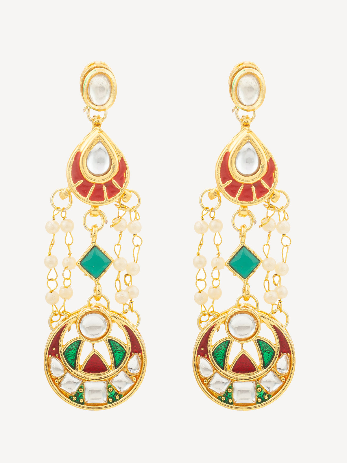 A pair of gold-plated dangle earrings with red, green, and white enamel details, featuring teardrop-shaped stones, dangling pearl beads, and circular geometric designs, set against a plain off-white background.