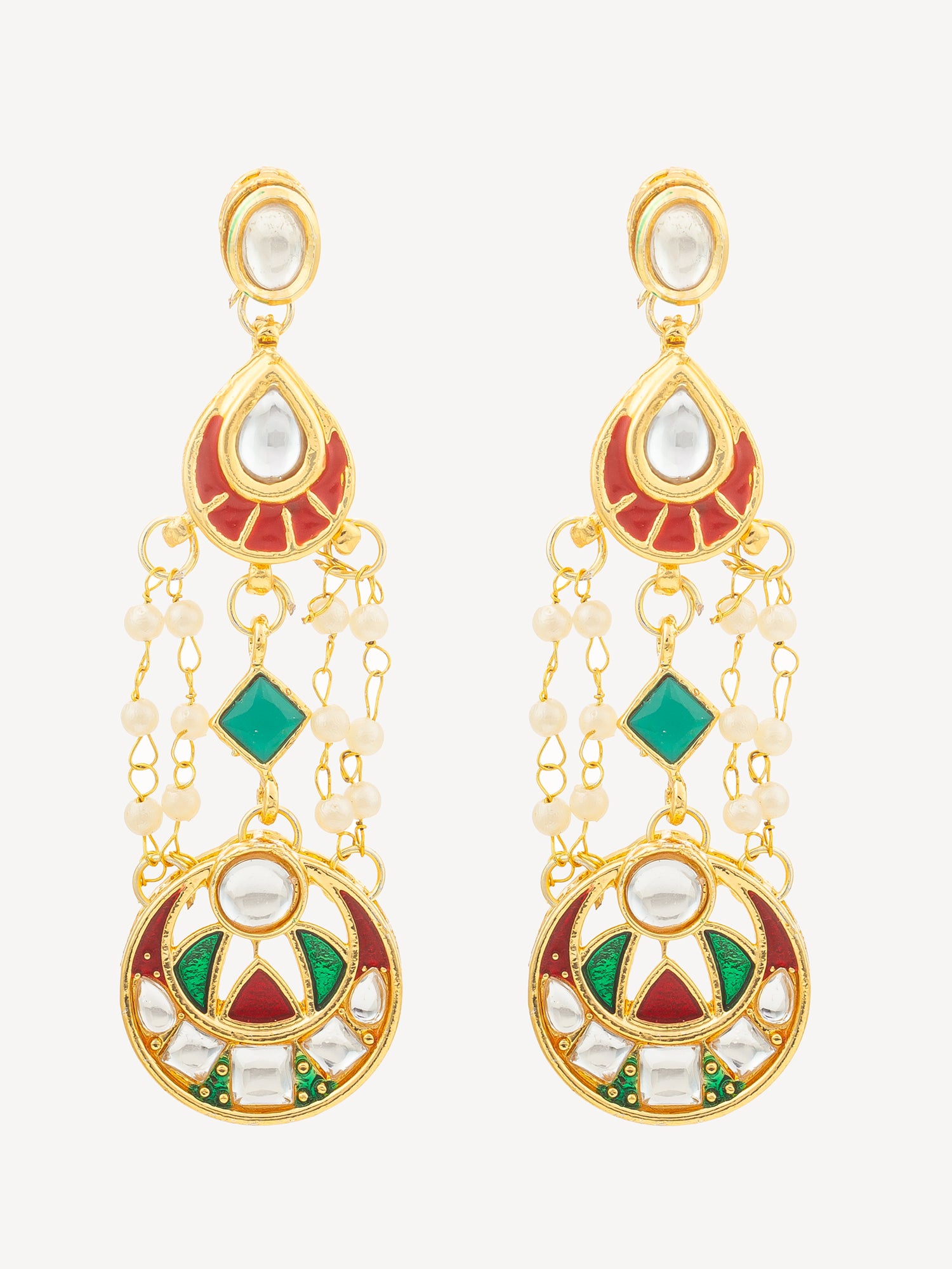 A pair of gold-plated dangle earrings with red, green, and white enamel details, featuring teardrop-shaped stones, dangling pearl beads, and circular geometric designs, set against a plain off-white background.