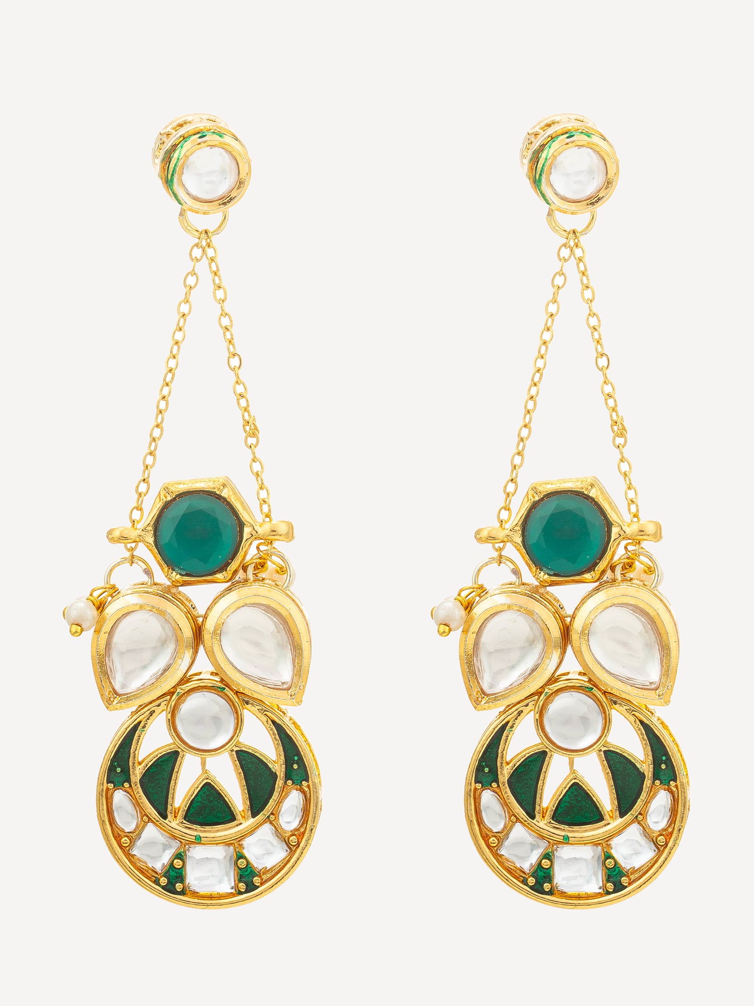 A pair of gold-plated dangle earrings with green and white stone accents, displayed against a light gray background.