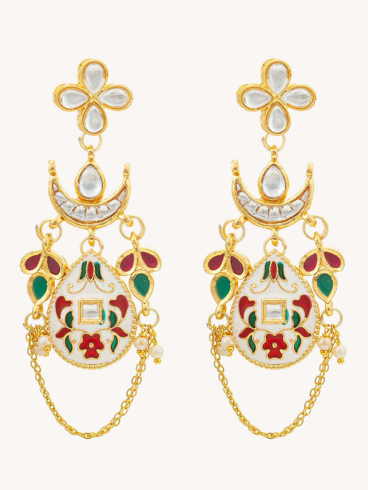 A pair of ornate gold-toned dangle earrings with white enamel, red and green floral accents, and small pearl-like beads, shown on a plain light background.