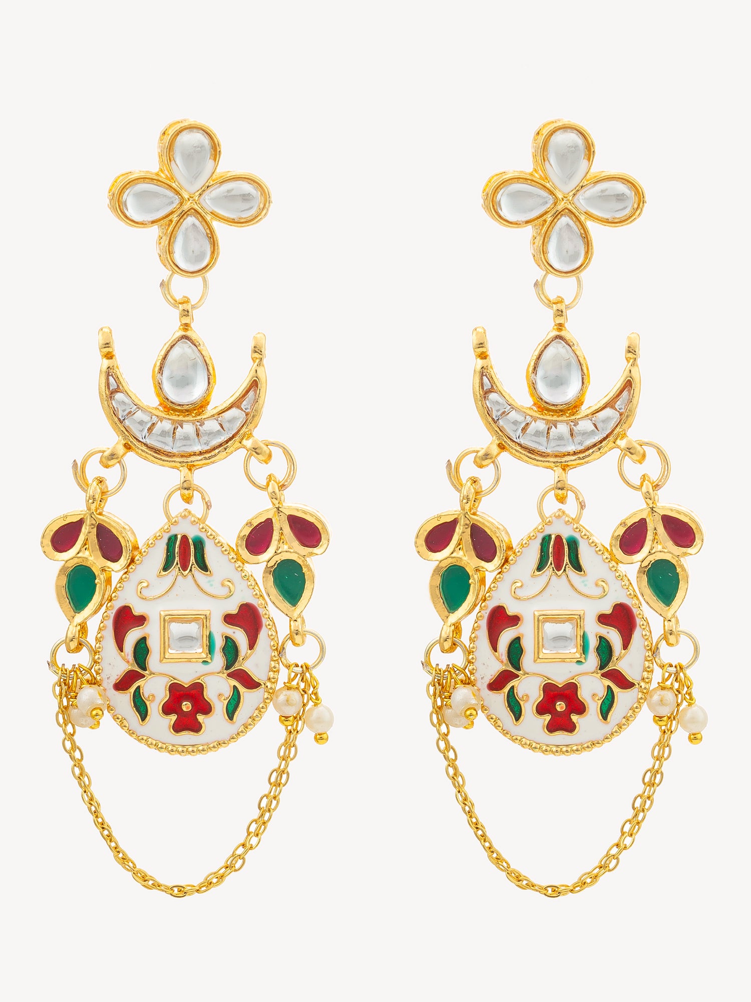 A pair of ornate gold-toned dangle earrings with white enamel, red and green floral accents, and small pearl-like beads, shown on a plain light background.