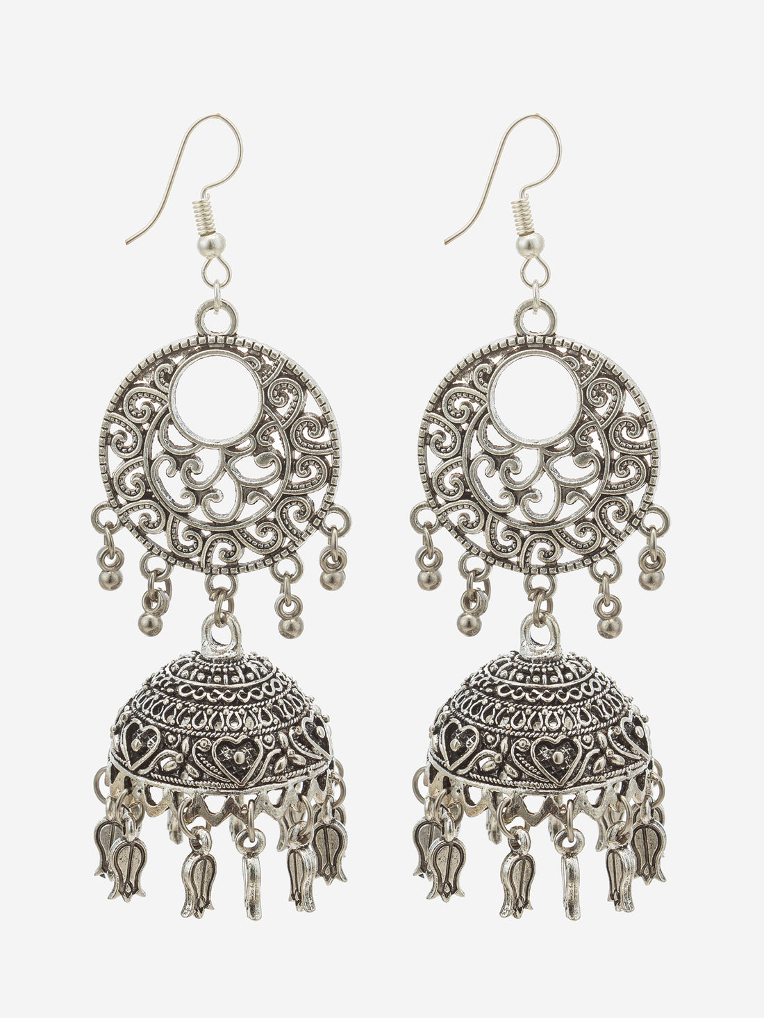 A pair of silver-toned filigree dangle earrings with ornate circular and bell-shaped details, displayed against a dark background.