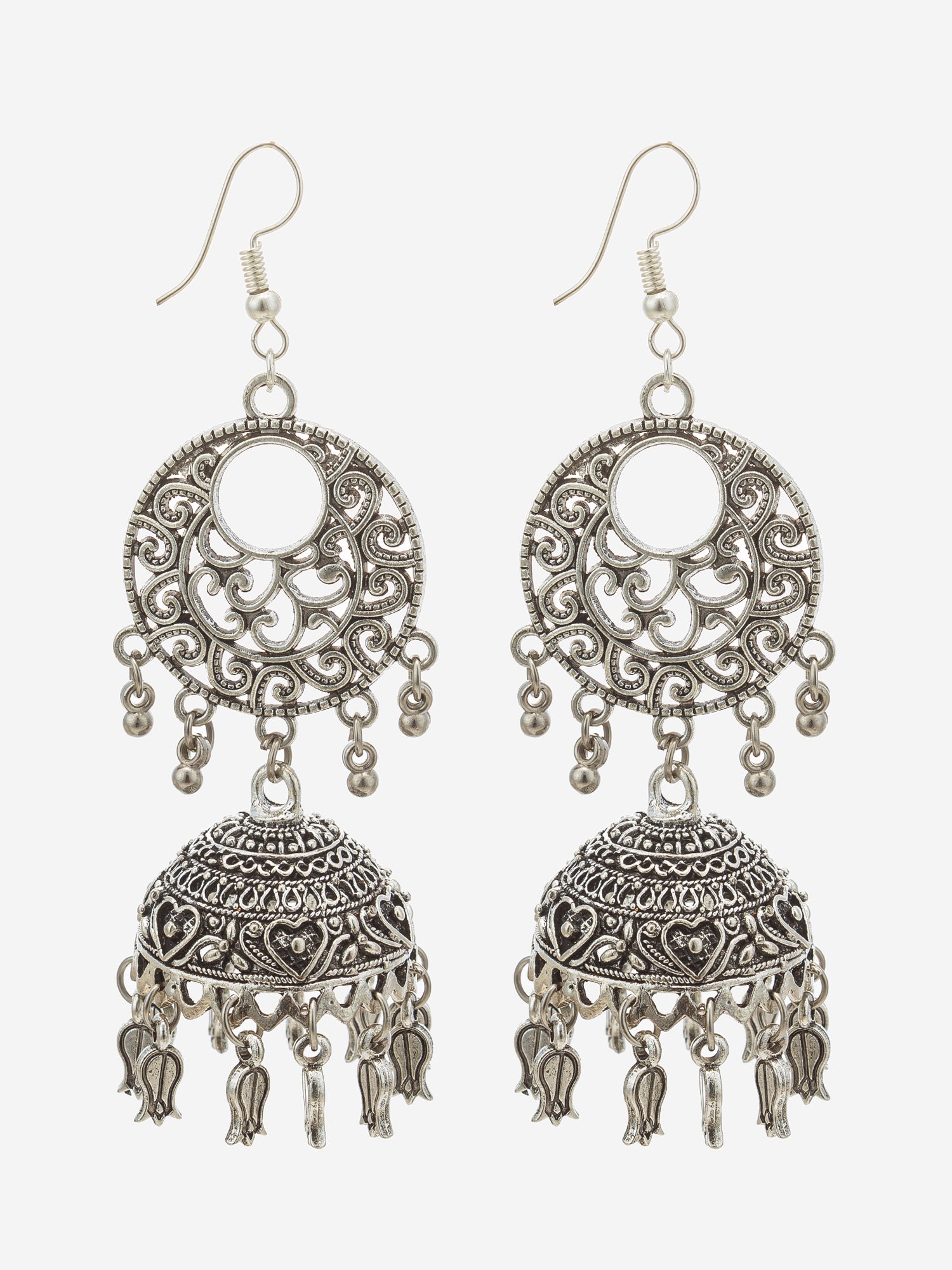 A pair of silver-toned filigree dangle earrings with ornate circular and bell-shaped details, shown on a plain light gray background.