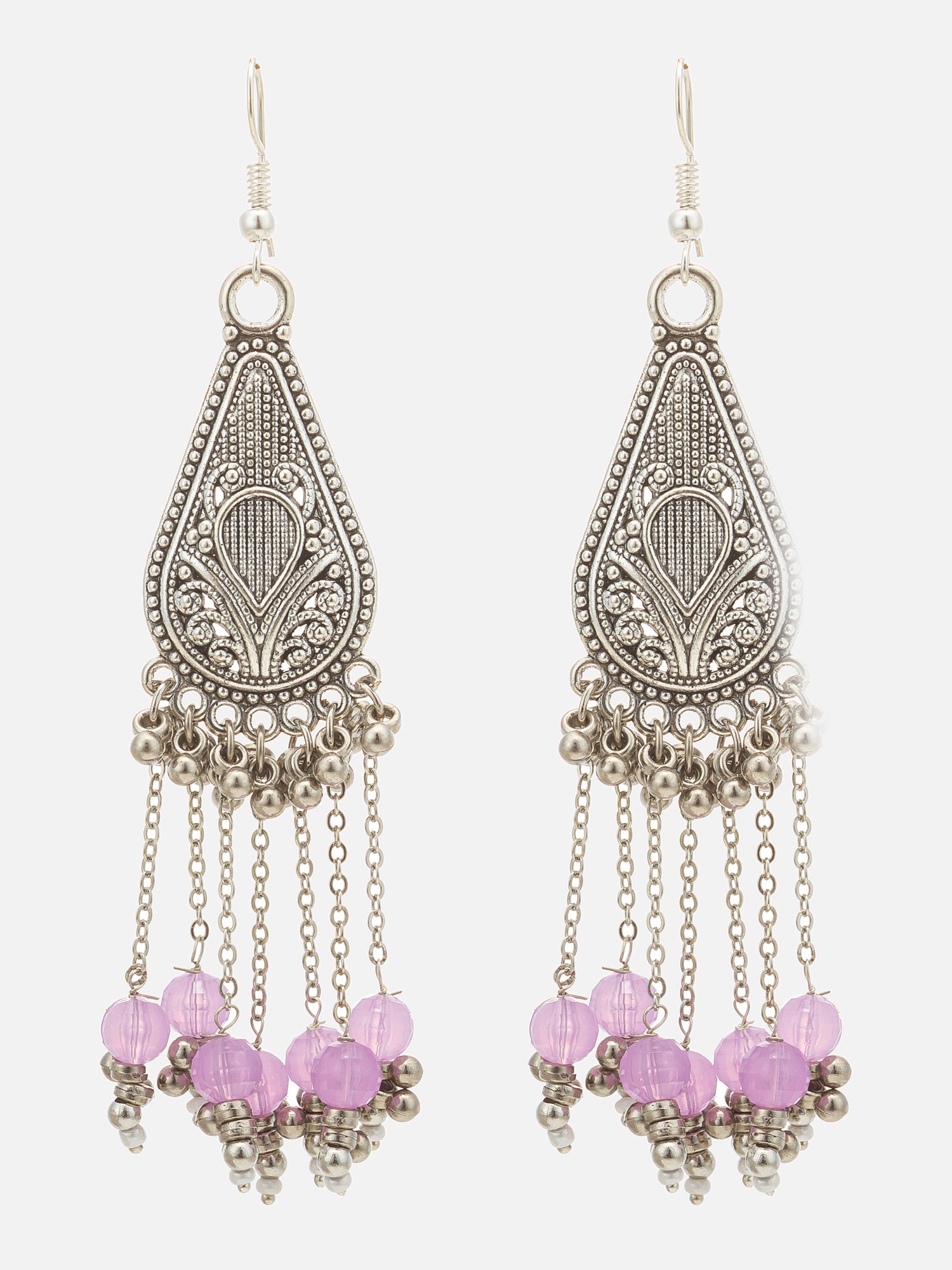 A pair of silver-toned filigree dangle earrings with dangling chains and pink faceted beads, shown against a light gray background.