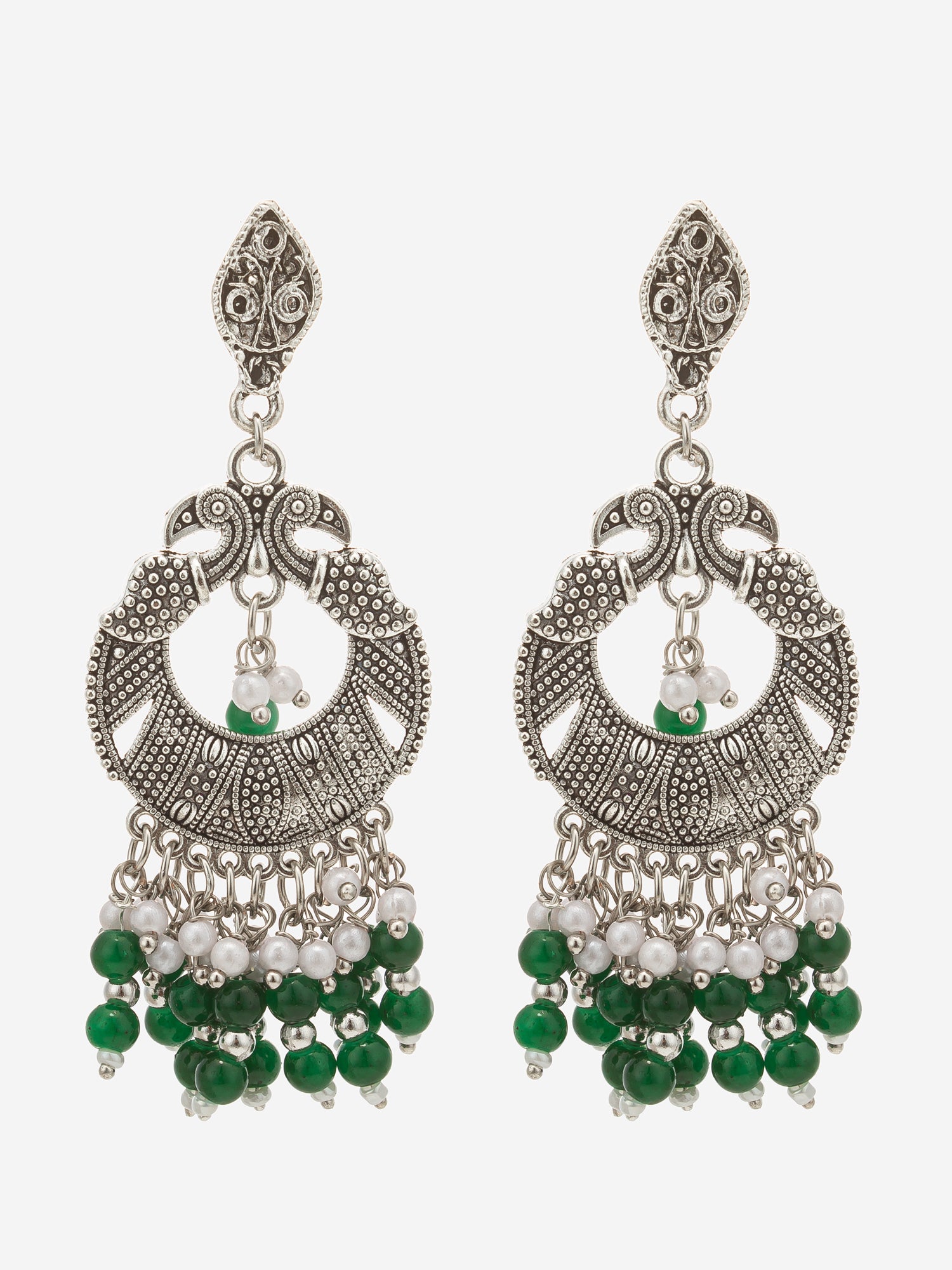 A pair of ornate silver-toned dangle earrings with intricate filigree detailing, small pearl-like beads, and clusters of green beads at the bottom, shown against a plain light gray background.
