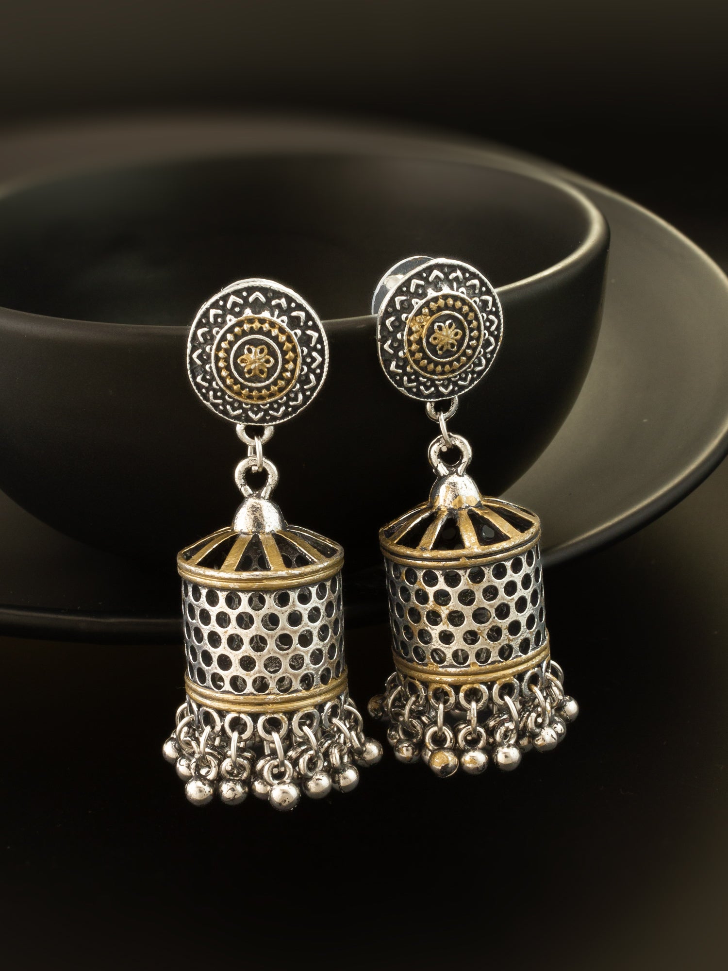 Oxidized Perforated Jhumka Earrings For Navratri Festive