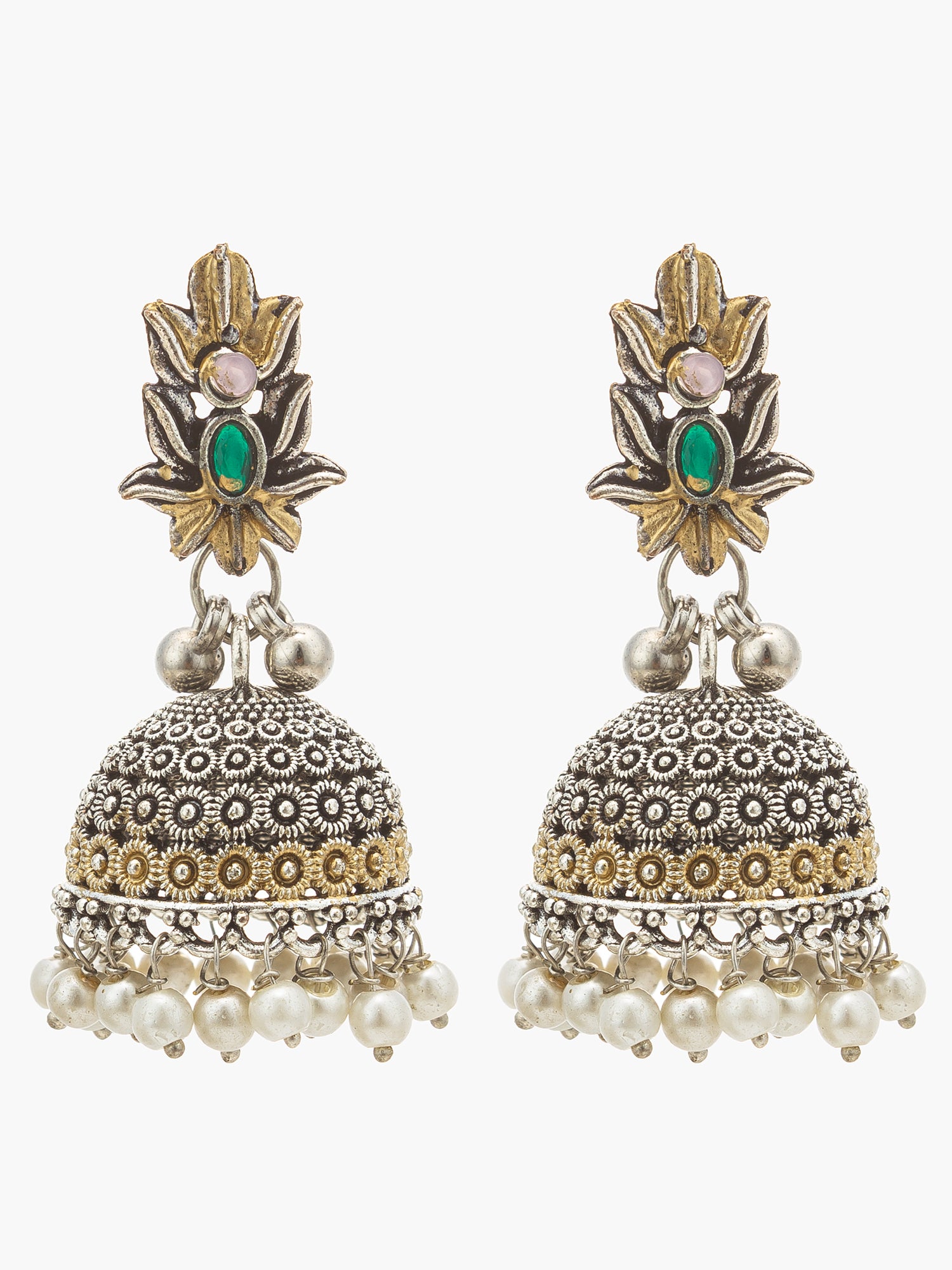 A pair of traditional Indian jhumka earrings with intricate silver and gold filigree work, green and pink stone accents, and dangling pearl beads, shown against a plain white background.