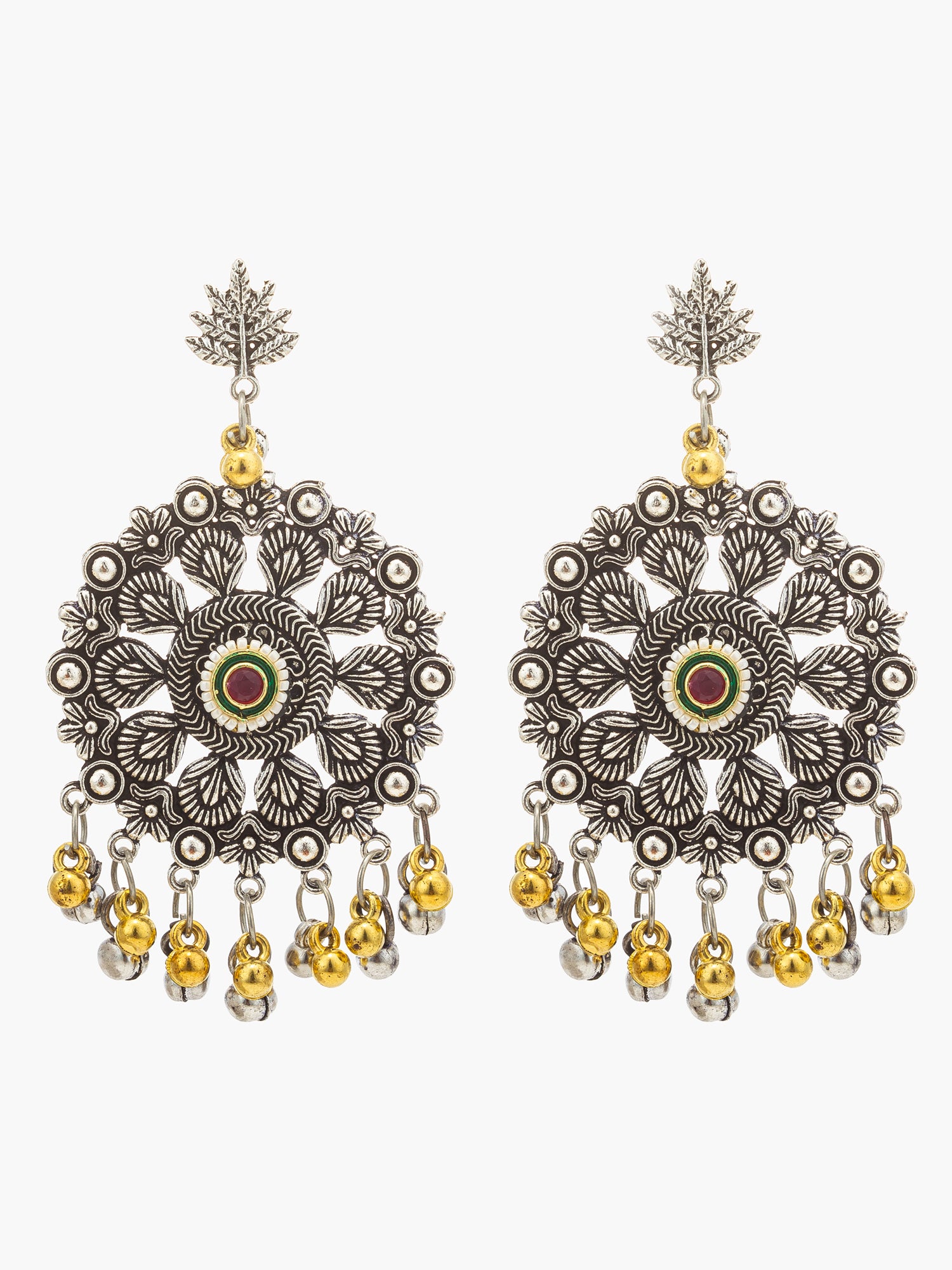 A pair of ornate silver-toned filigree dangle earrings with yellow and green bead accents, shown against a plain light gray background.