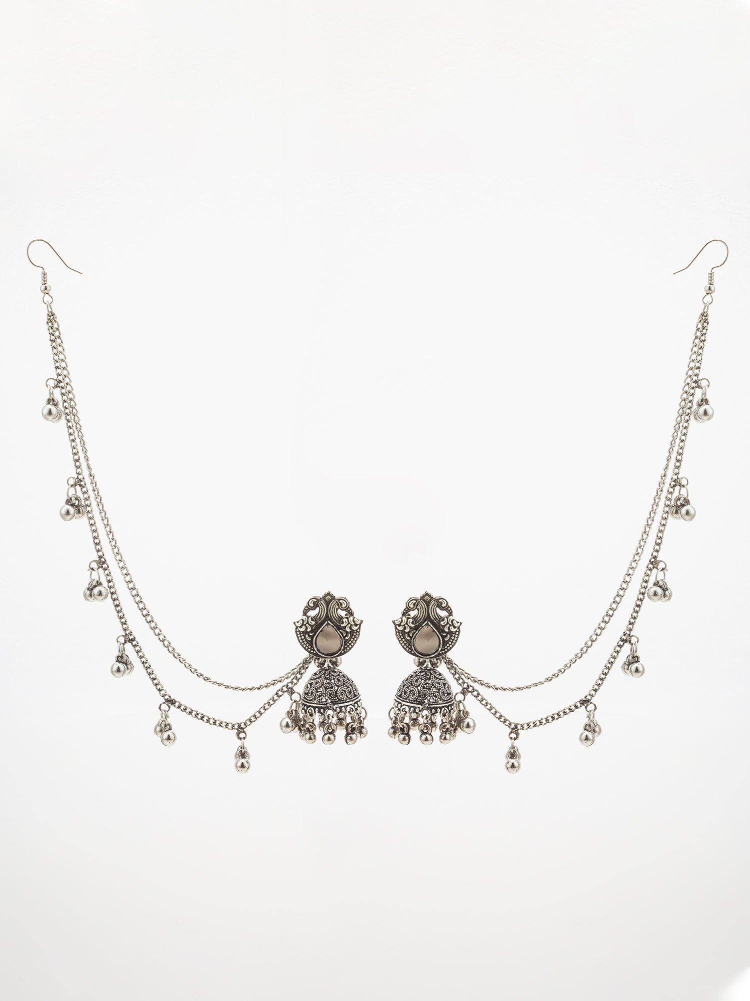 Silver-toned traditional Indian jewelry set featuring a double-layered chain necklace with dangling bell charms and matching dangling earrings with ornate stone-set tops and bell charms, displayed on a clean white background.