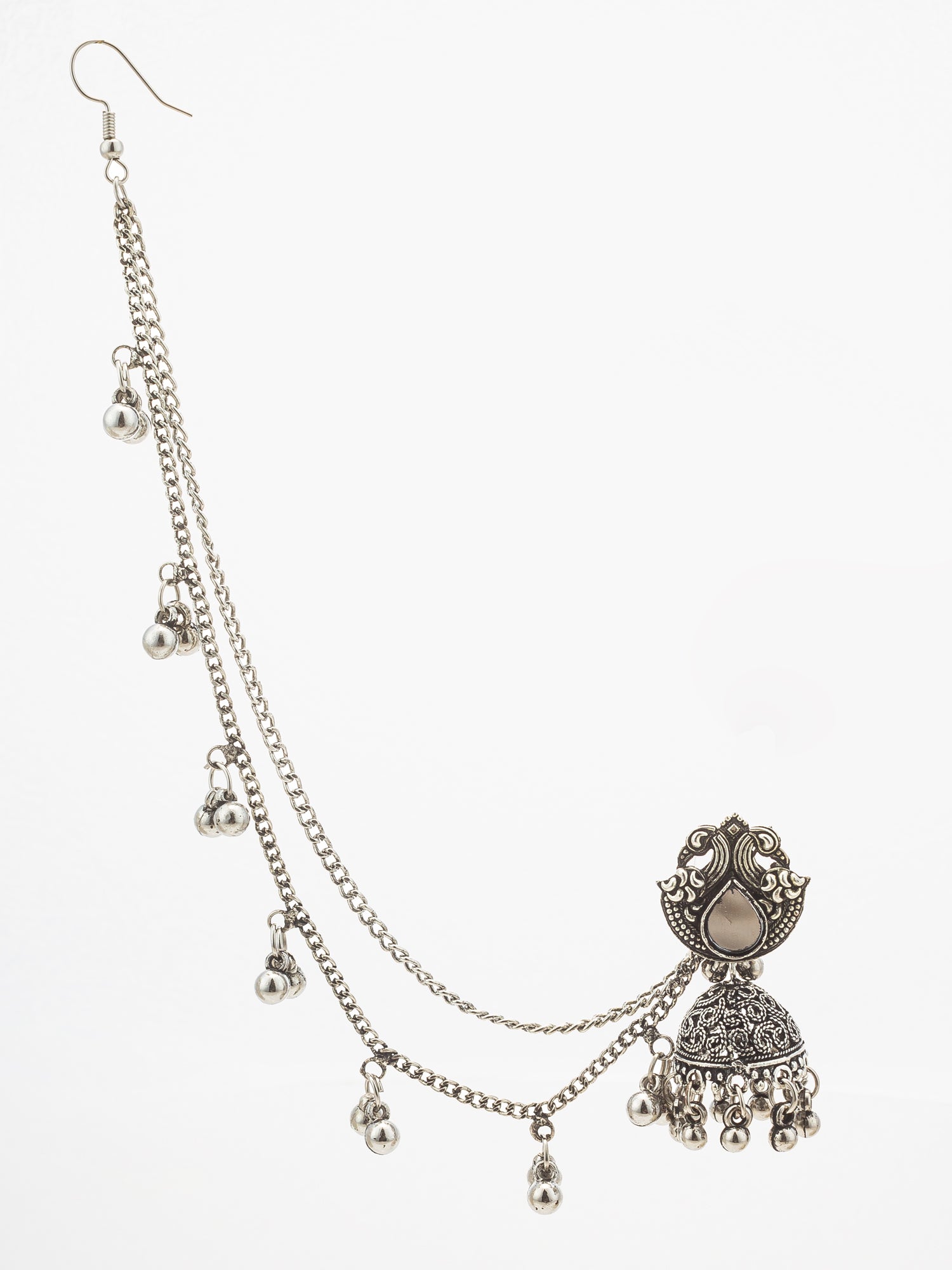 Silver-toned traditional Indian chain necklace with a jhumka pendant, featuring dangling chain elements and small bead charms on a plain white background.