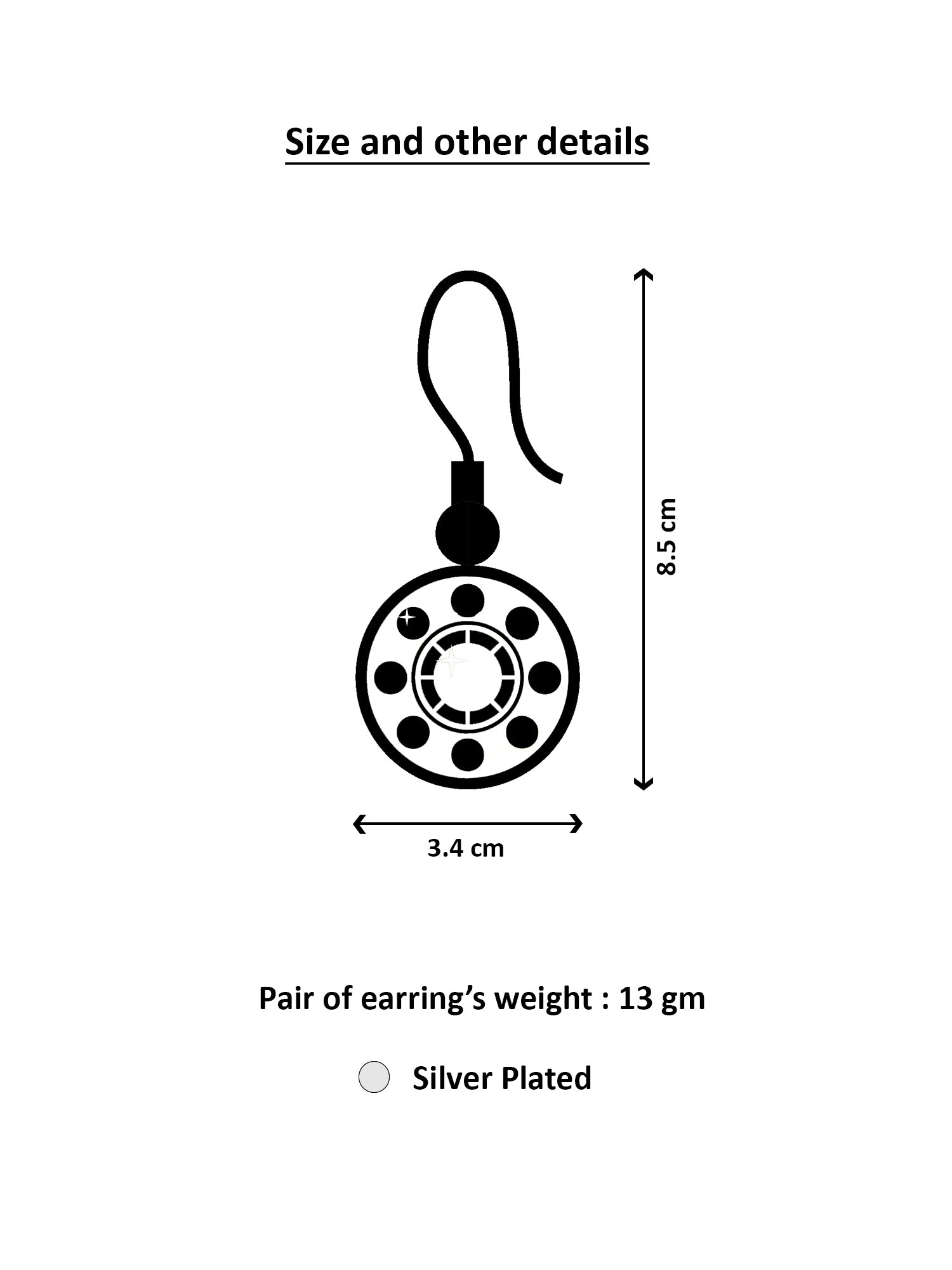 Diagram of a silver earring with dimensions and weight details on a white background