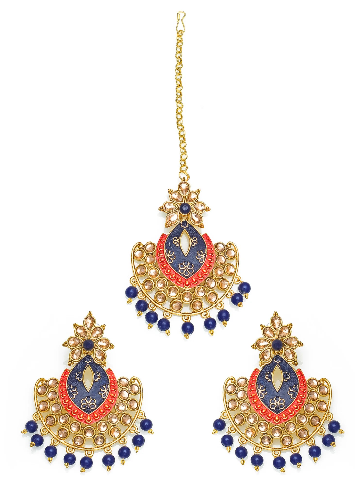 Decorative earrings with gold, blue, and red colors on a white background