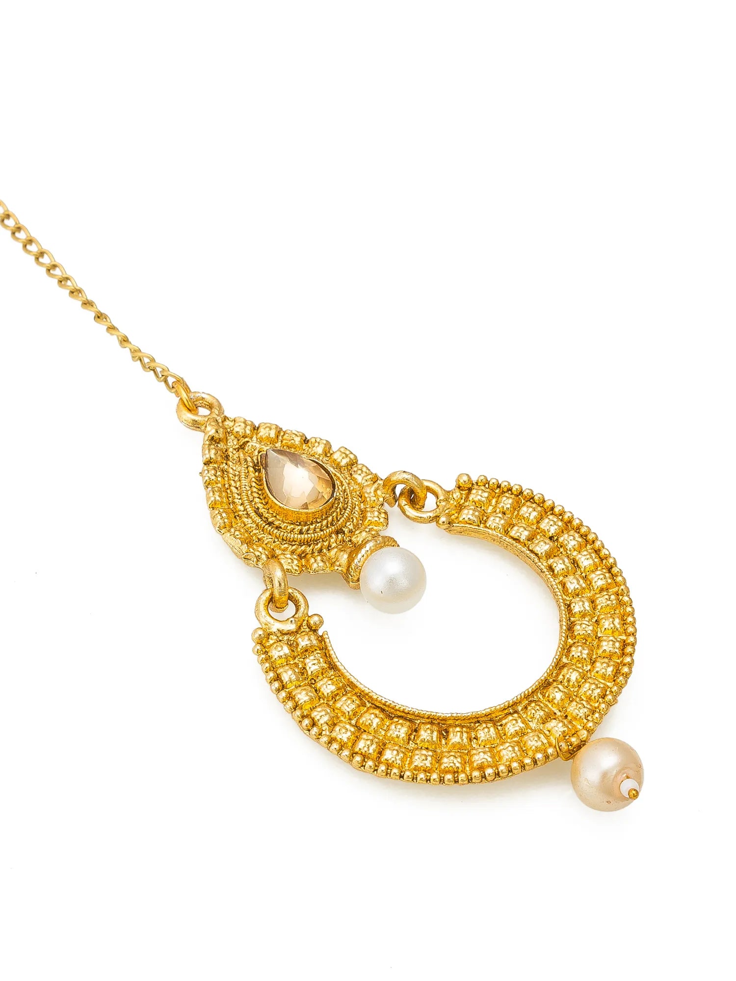 Gold necklace with circular design and pearl accents on a white background