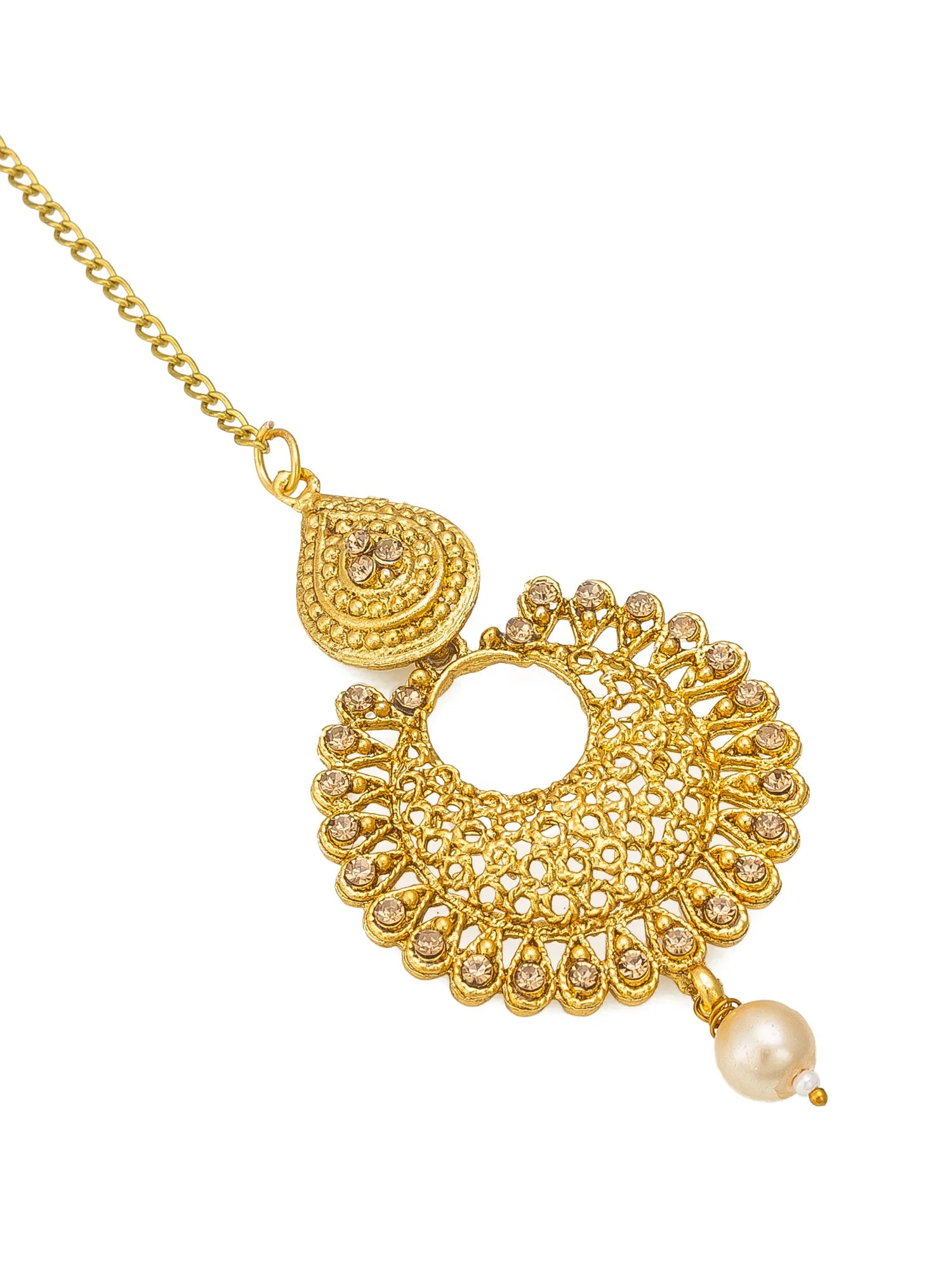Gold necklace with intricate design and pearl pendant on a white background
