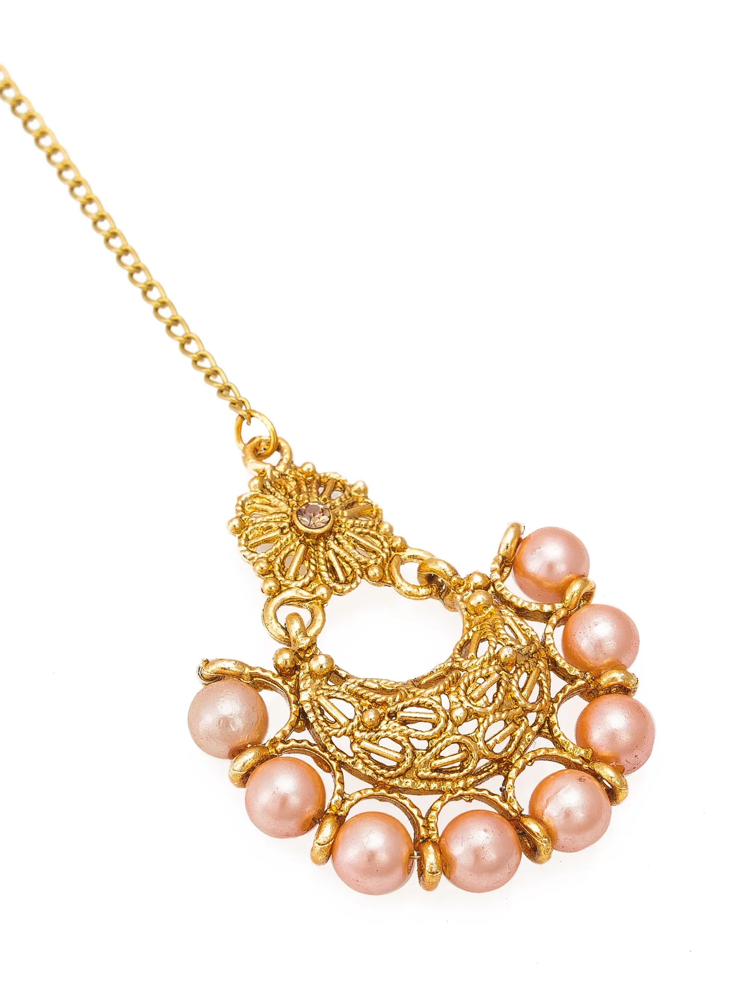 Gold necklace with pink pearls on a white background