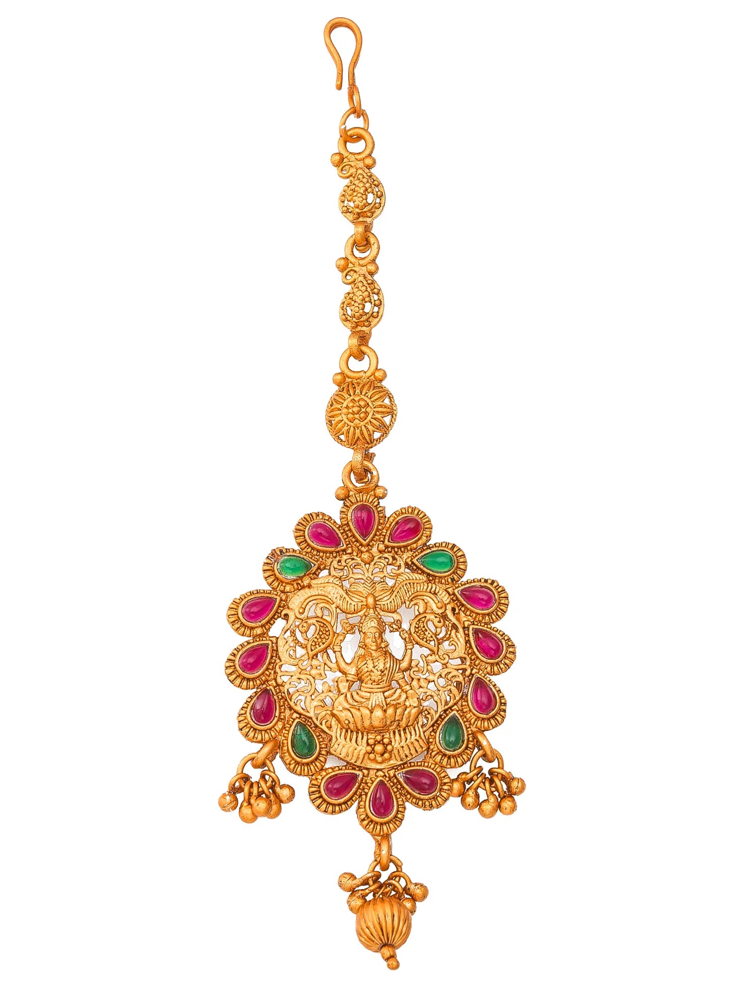 Gold pendant with red and green gemstones on a white background