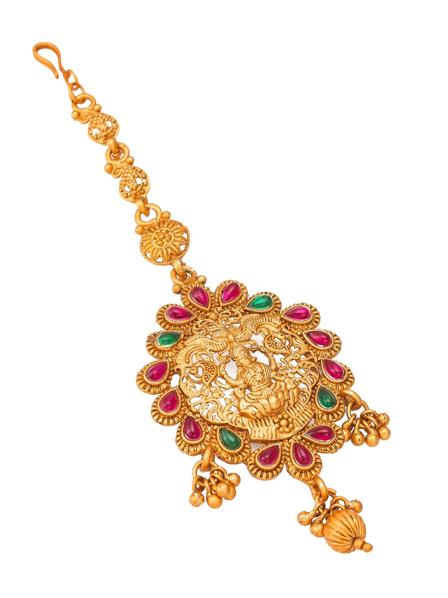 Gold necklace with red and green gemstones on a white background