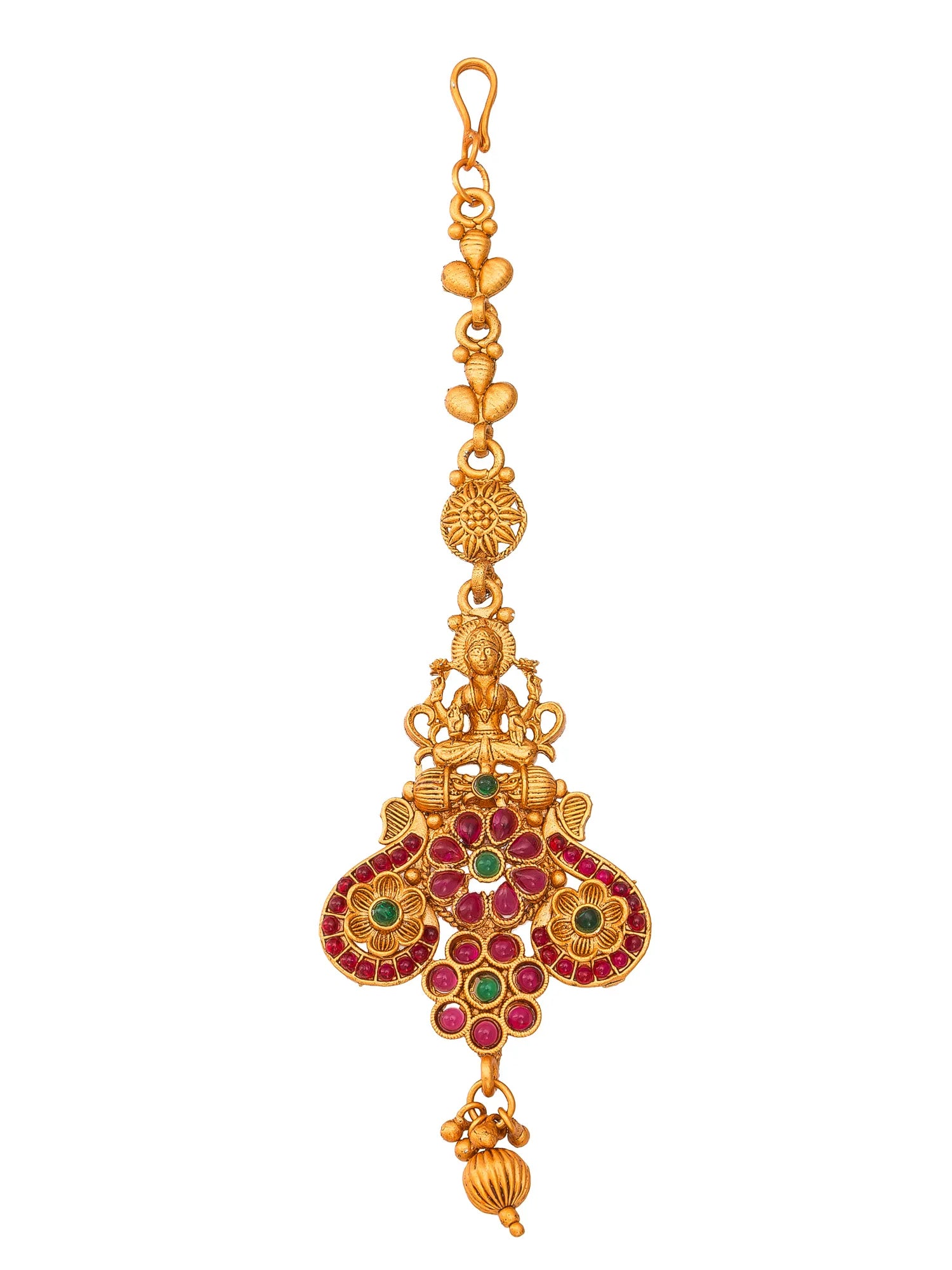 Gold pendant with red and green gemstones on a white background
