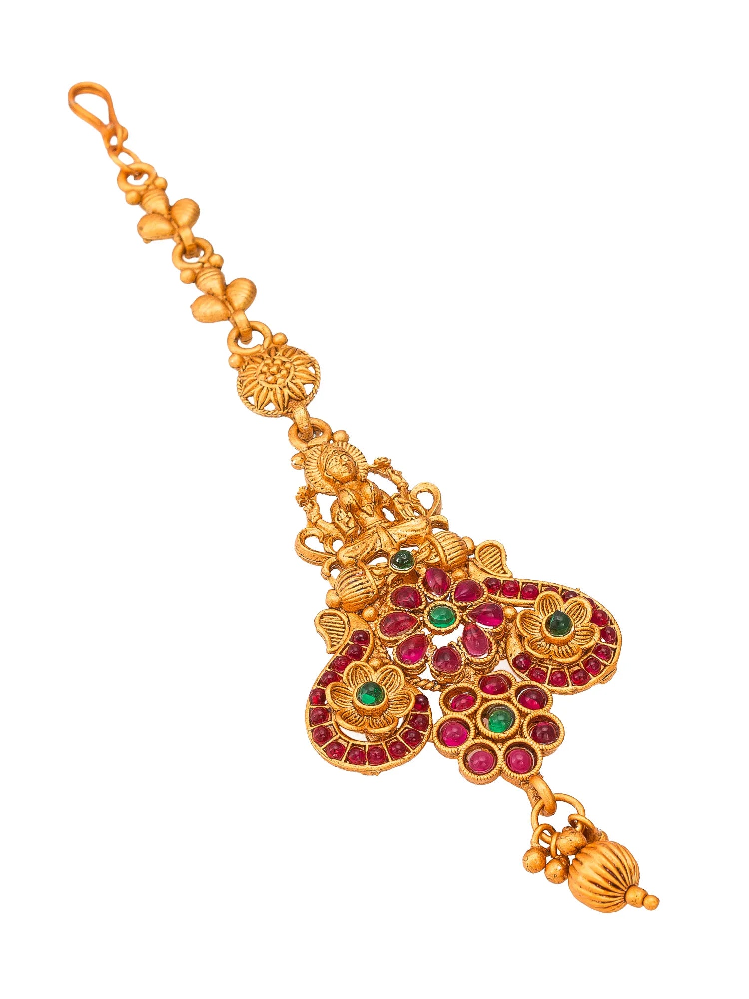 Gold necklace with floral design and gemstones on a white background