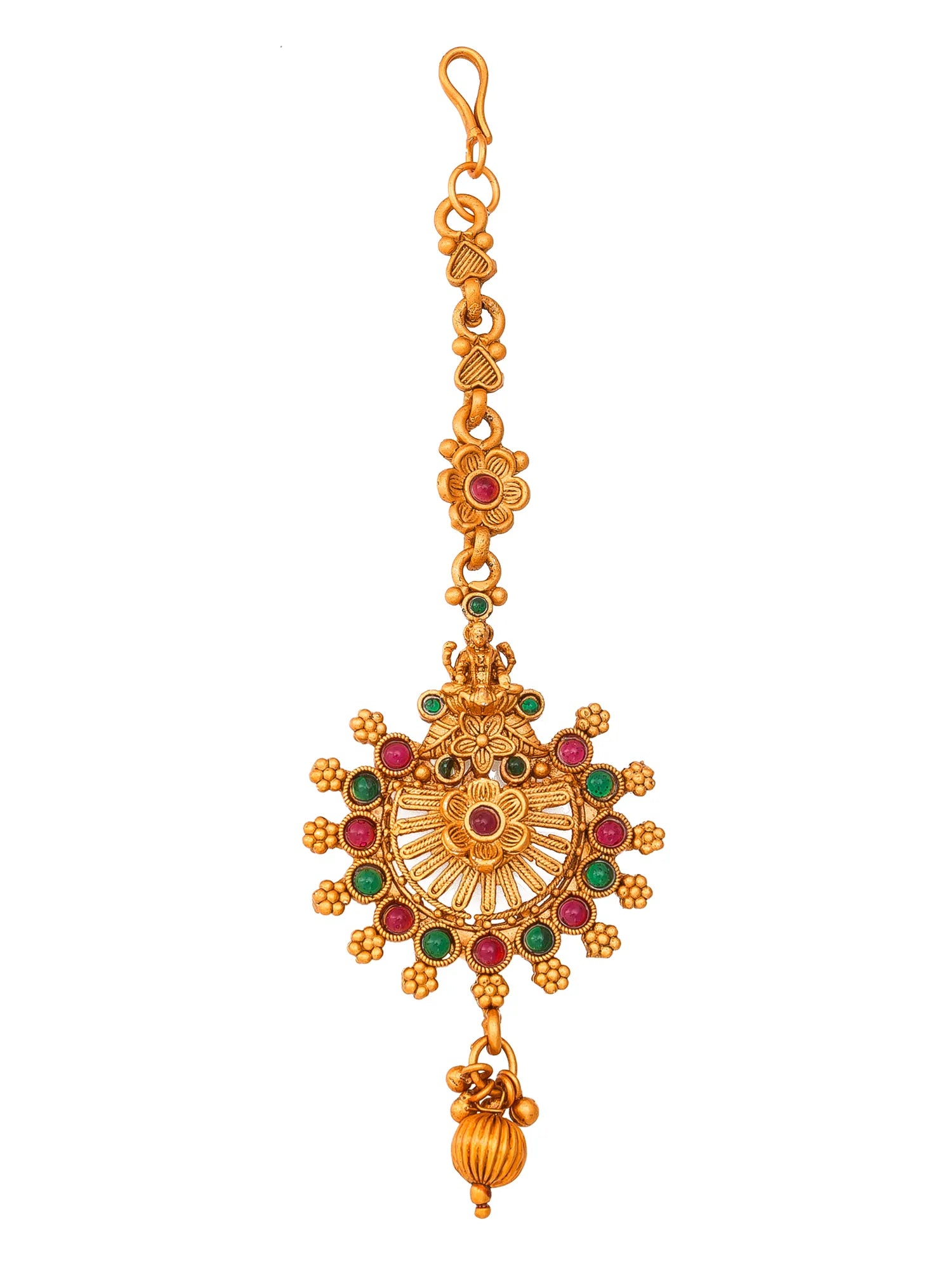 Gold pendant with red and green gemstones on a white background