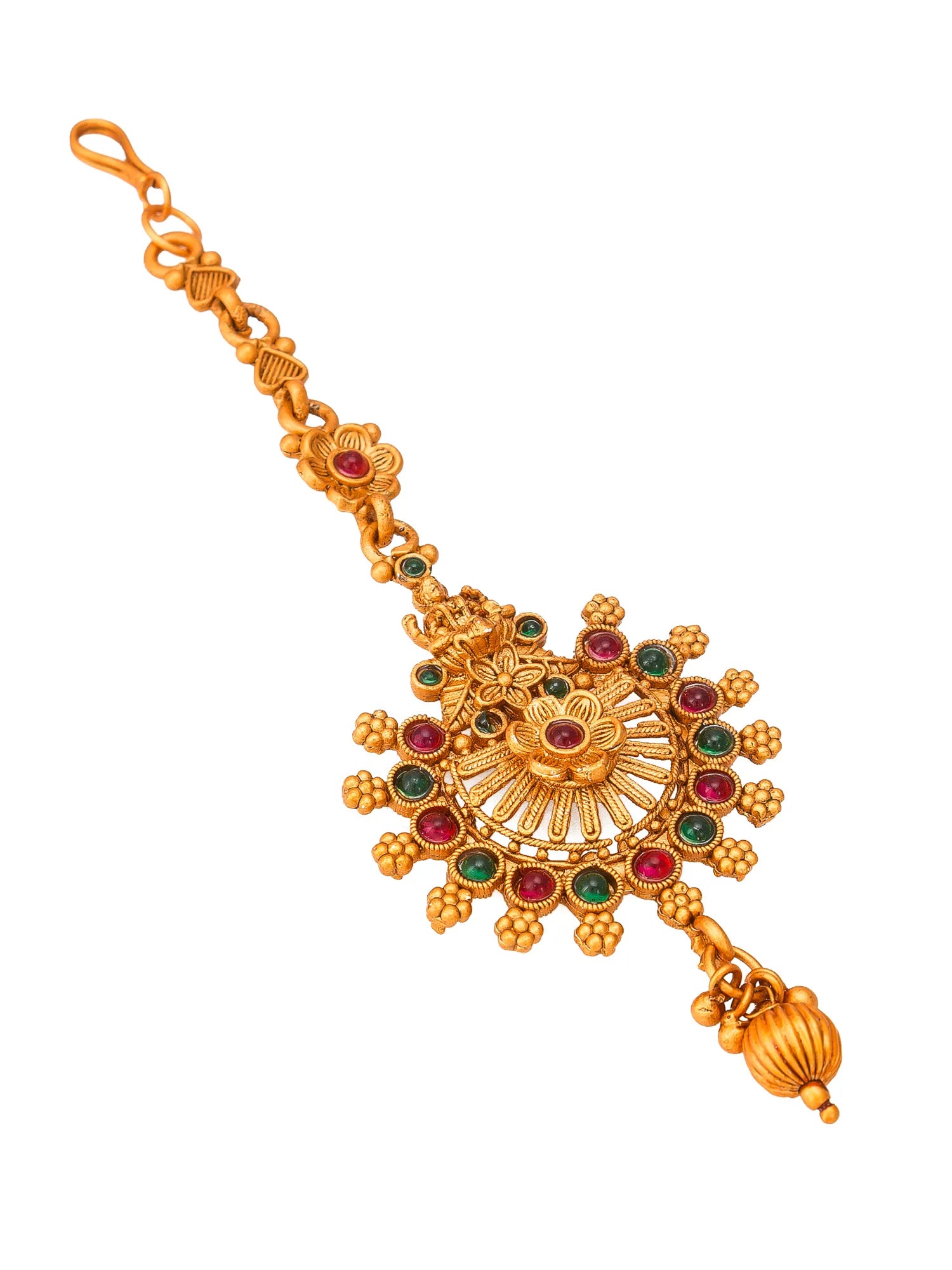 Gold decorative keychain with red and green gemstones on a white background