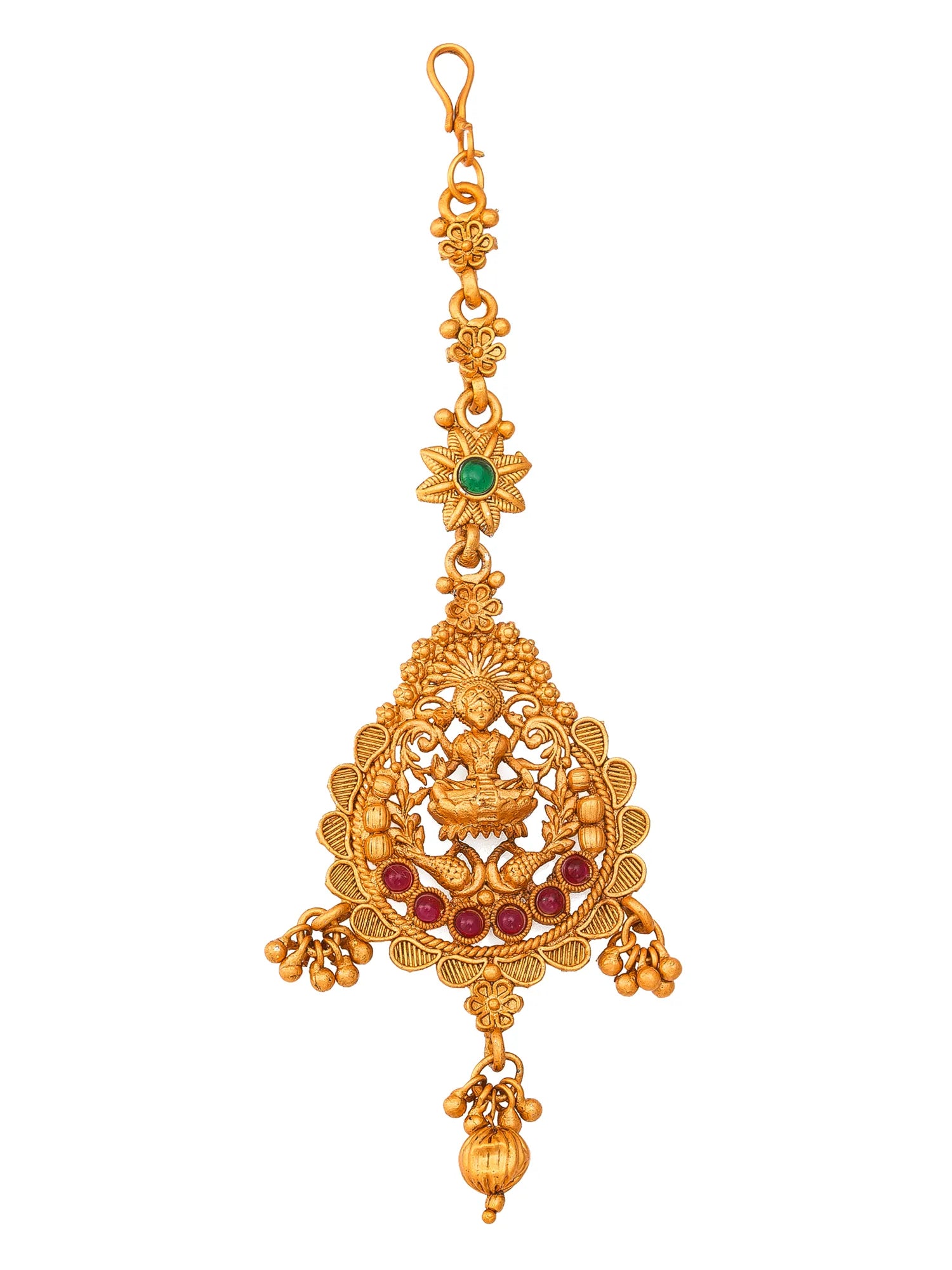 Gold pendant with intricate designs and colored stones on a white background