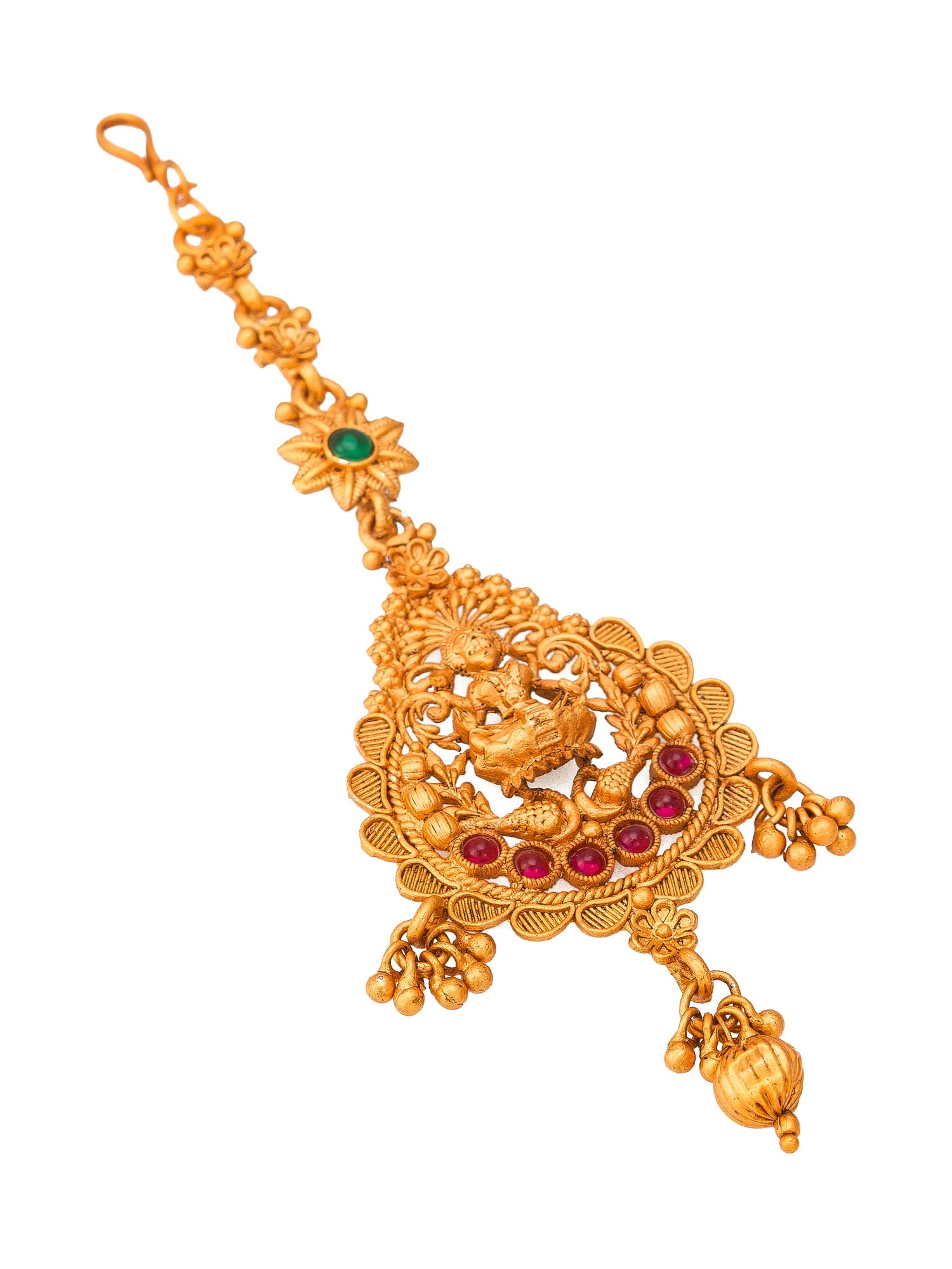 Gold necklace with floral design and red and green gemstones on a white background
