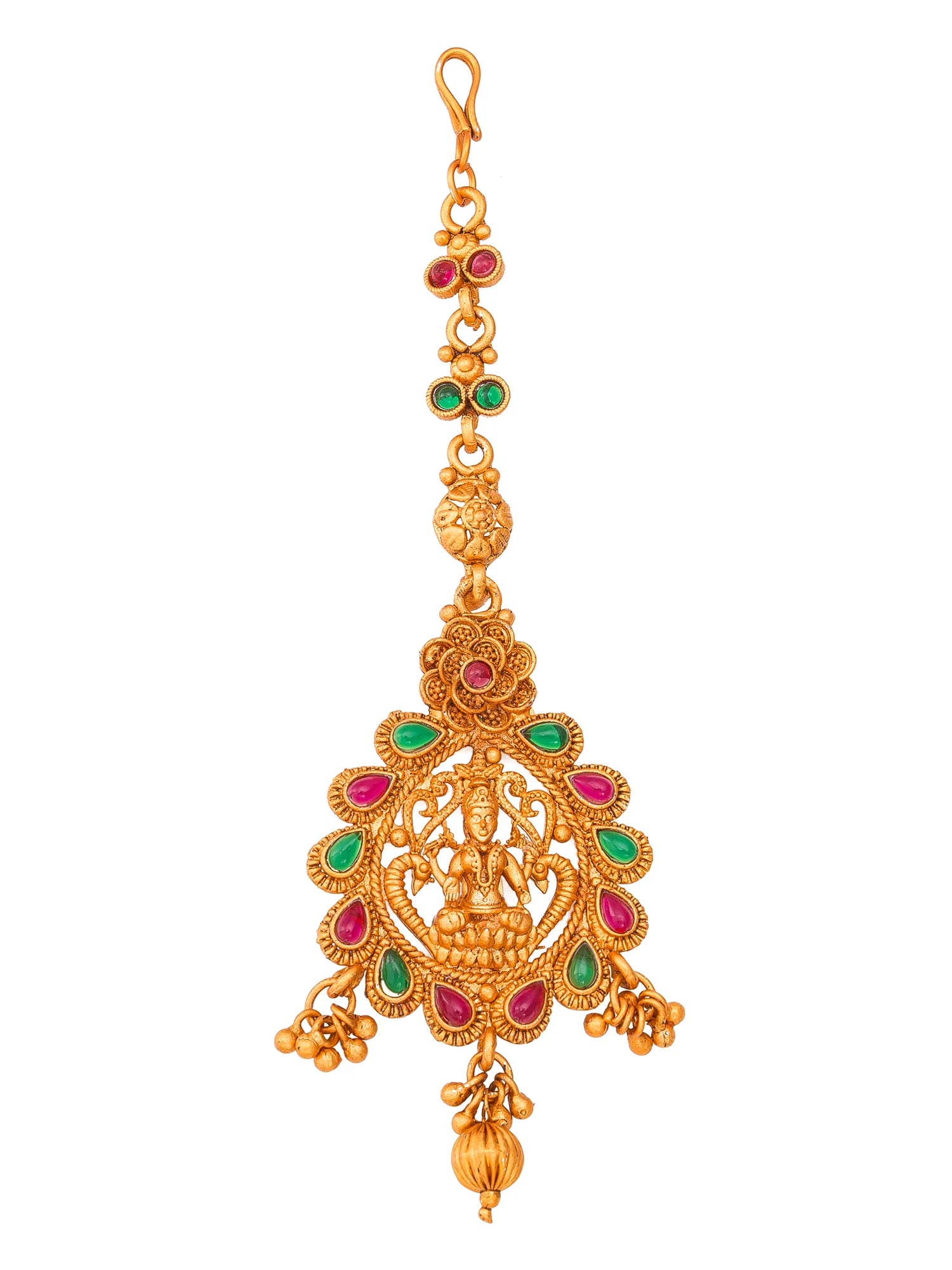 Gold pendant with red and green gemstones on a white background