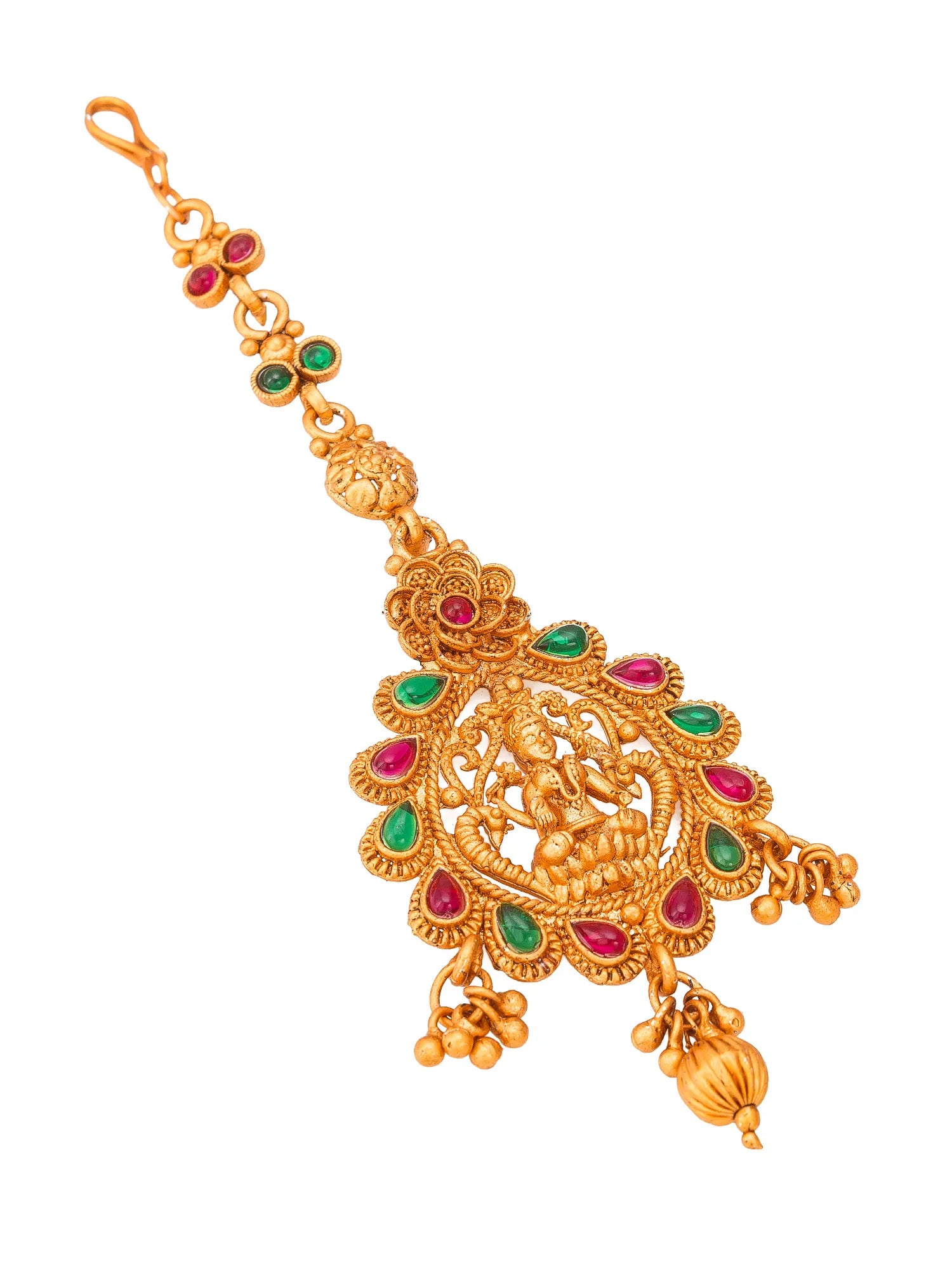 Gold necklace with green and red gemstones on a white background