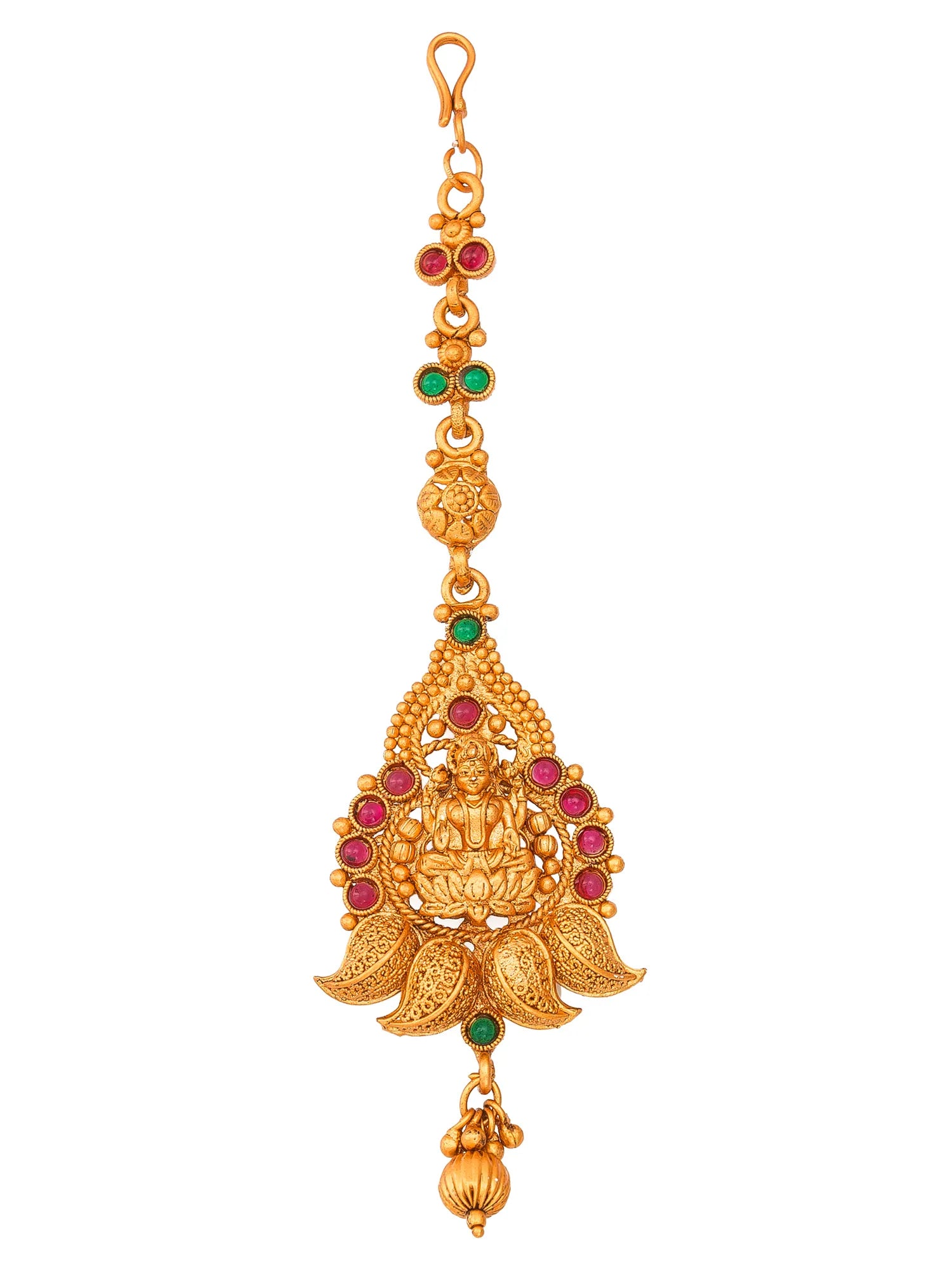 Gold pendant with red and green gemstones on a white background