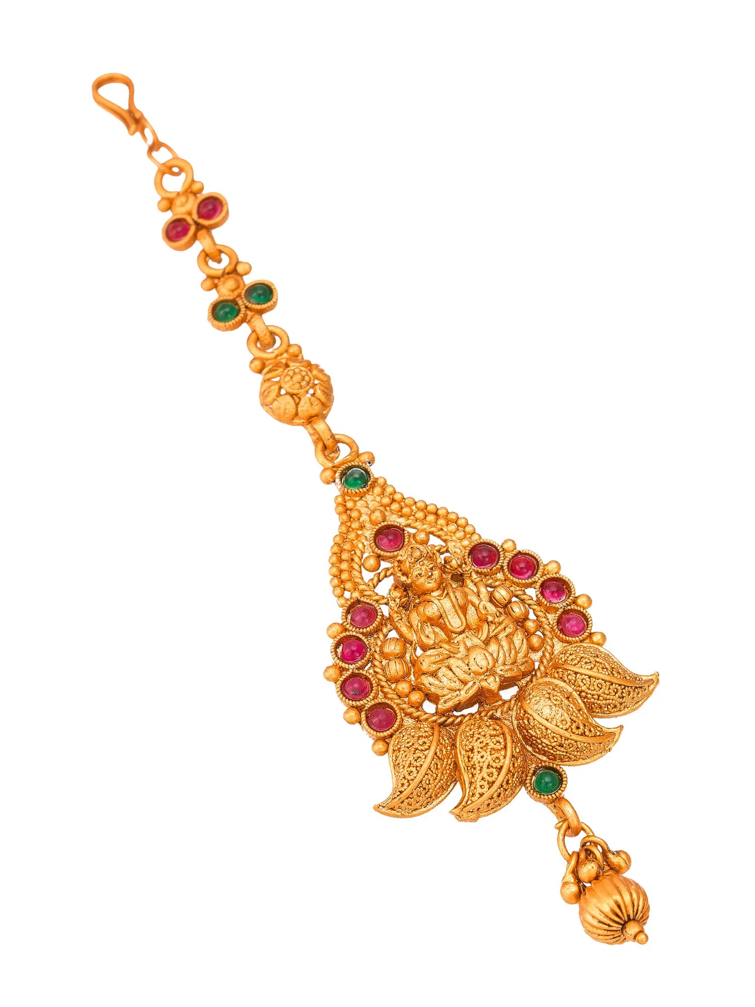 Gold pendant with red and green gemstones on a white background