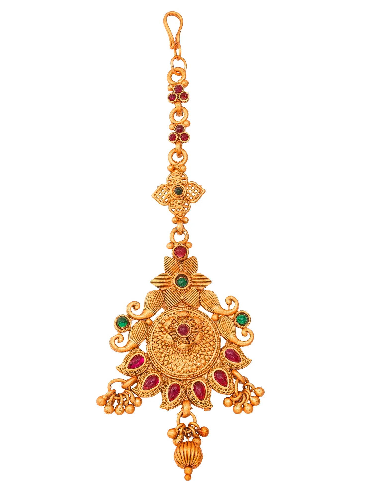 Gold pendant with red and green gemstones on a white background